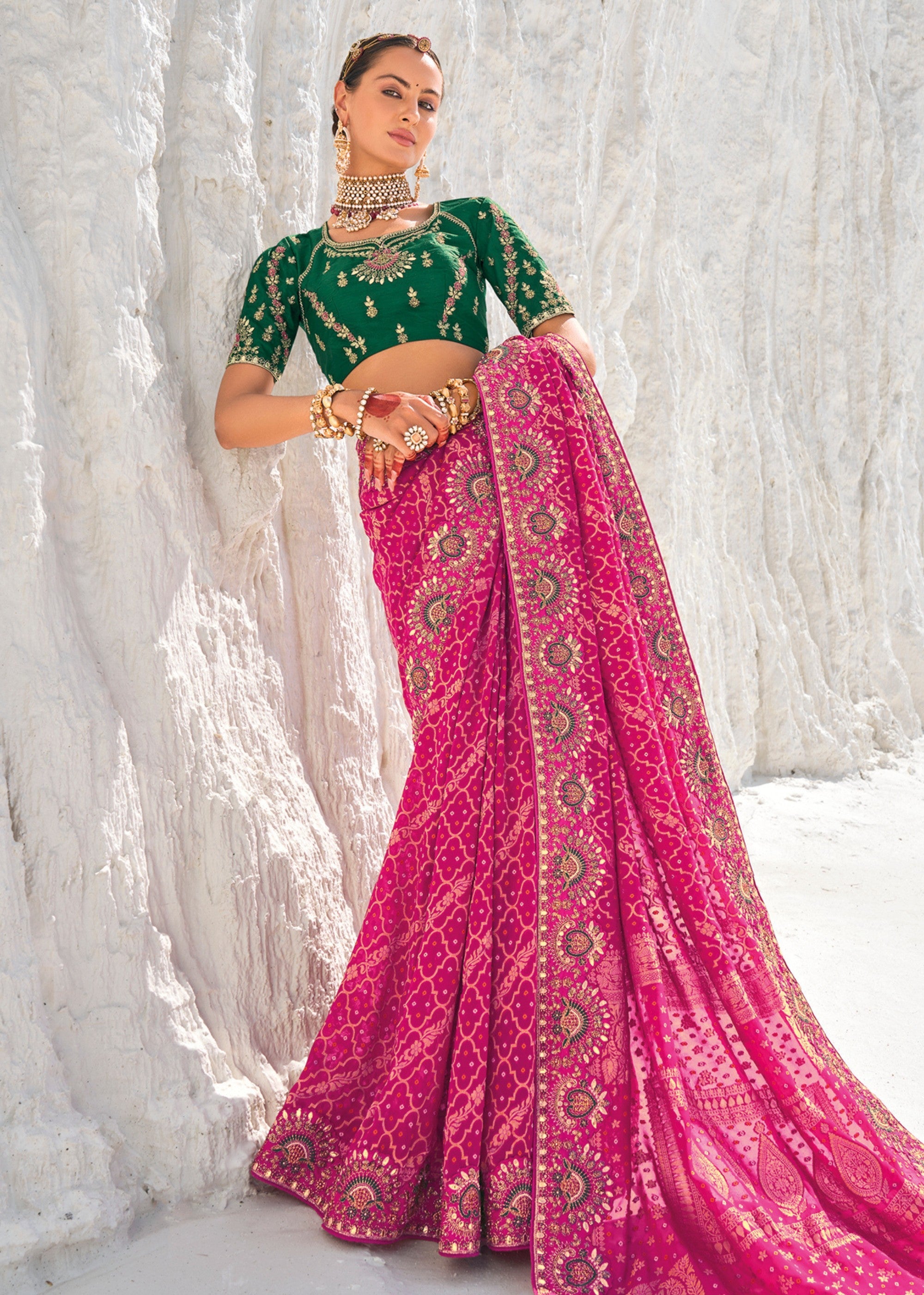 Wild Berry Pink Pure Georgette Bandhani Patola With Zari Weaving Heavy Work Saree - qivii