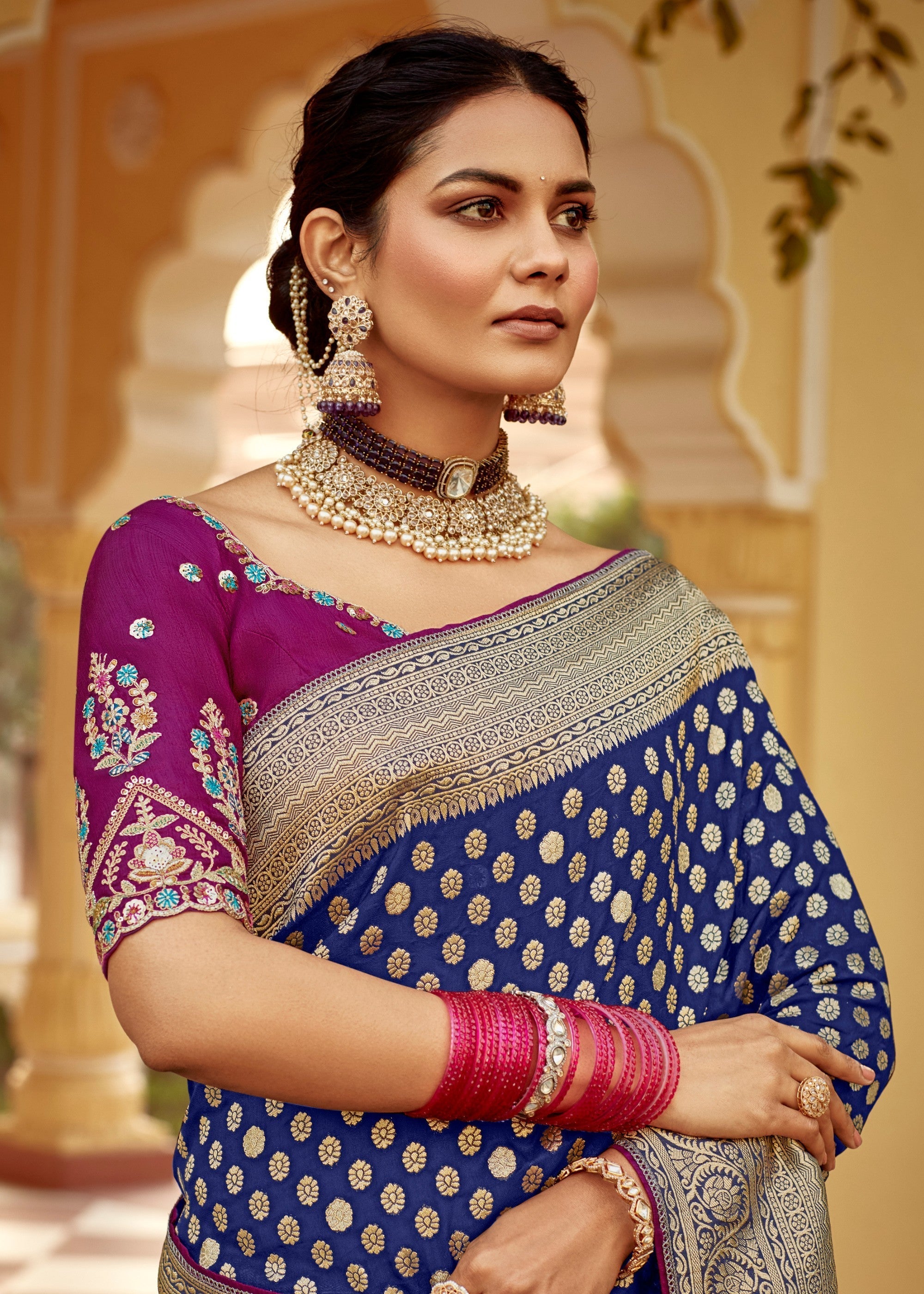 Navy Blue Dola Silk Saree Embellished With Weaving Work And Heavy Embroidered Blouse - qivii