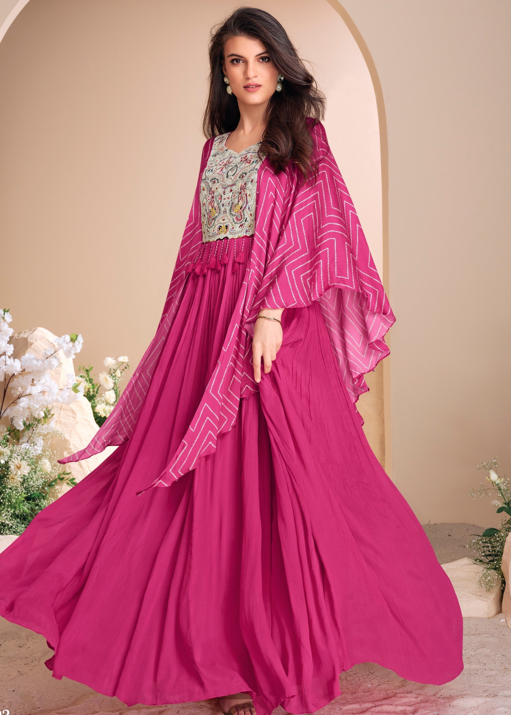 Bright Pink Moti Embroidered Chinon Silk Gown With Digital Sleeves - qivii