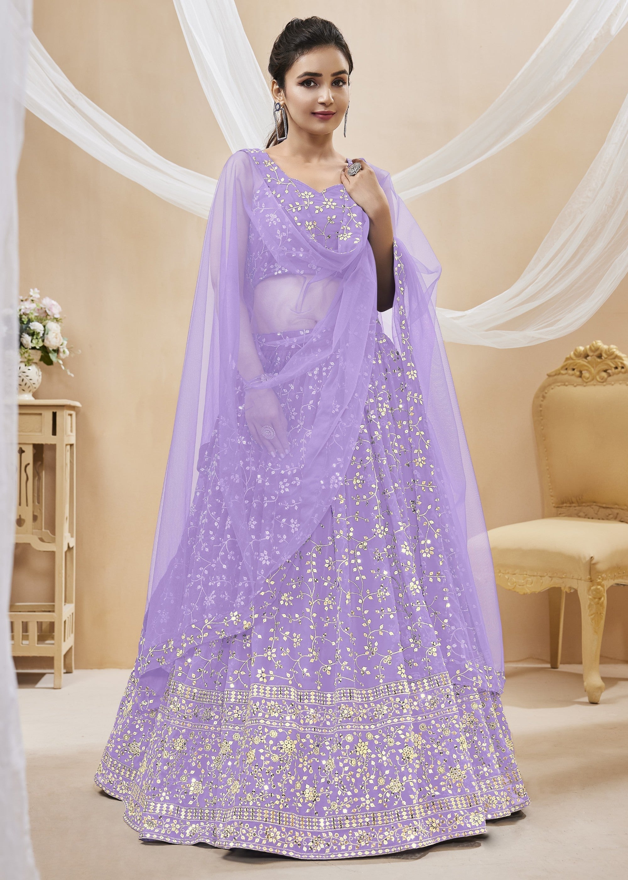 Lavender Purple Georgette Lehenga Choli With Sequins Zari Embroidered Work | Ready To Wear - qivii