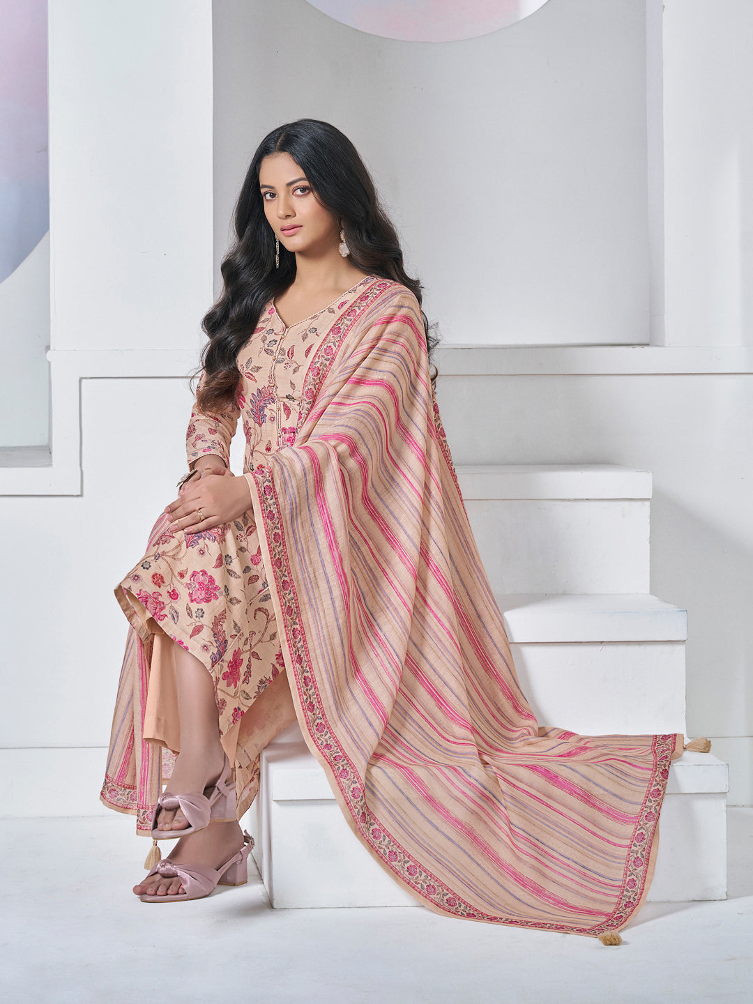 BEIGE PRINTED WITH LACE WORK STRAIGHT KURTA WITH DYED TROUSERS AND PRINTED DUPATTA