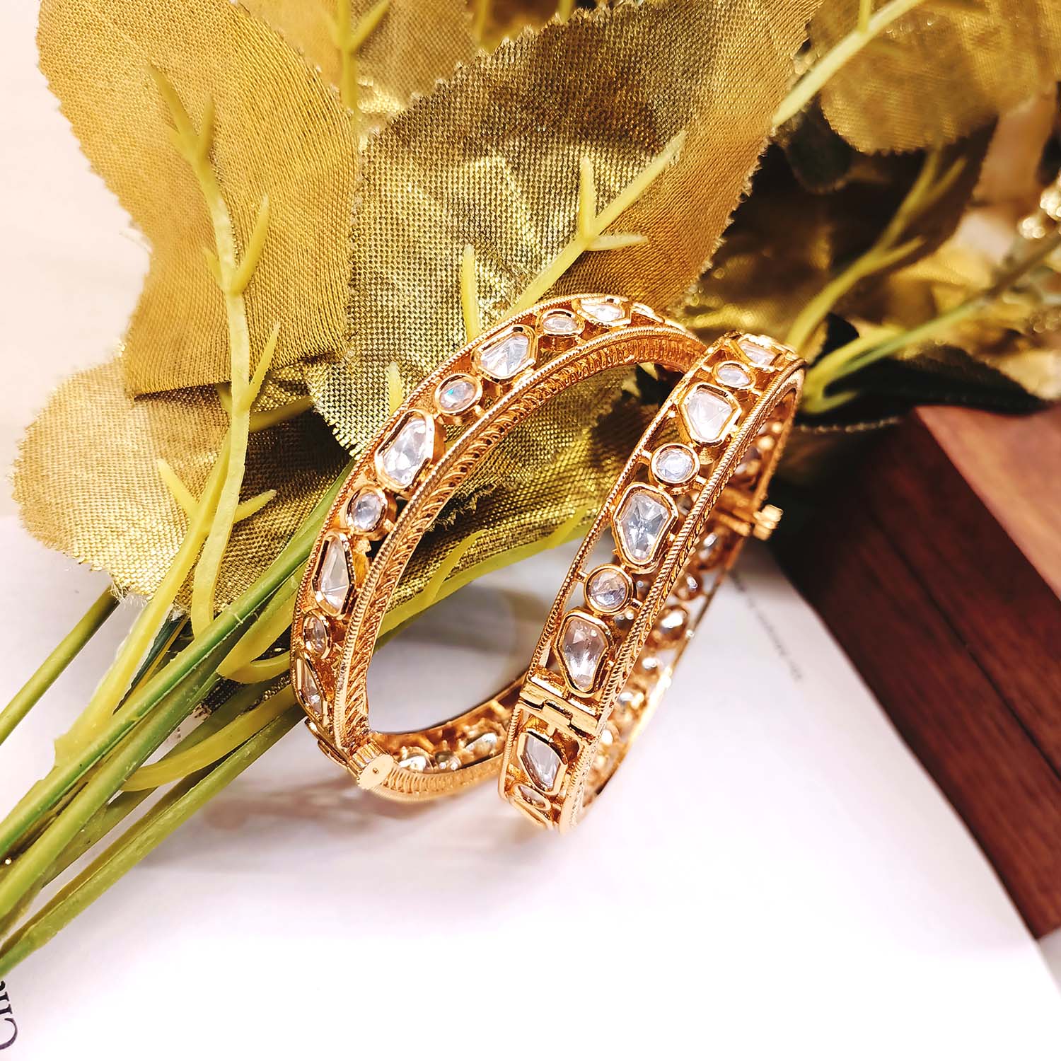 Taruna Gold Plated Diamonds Kundan Kada - Set Of 2 - qivii