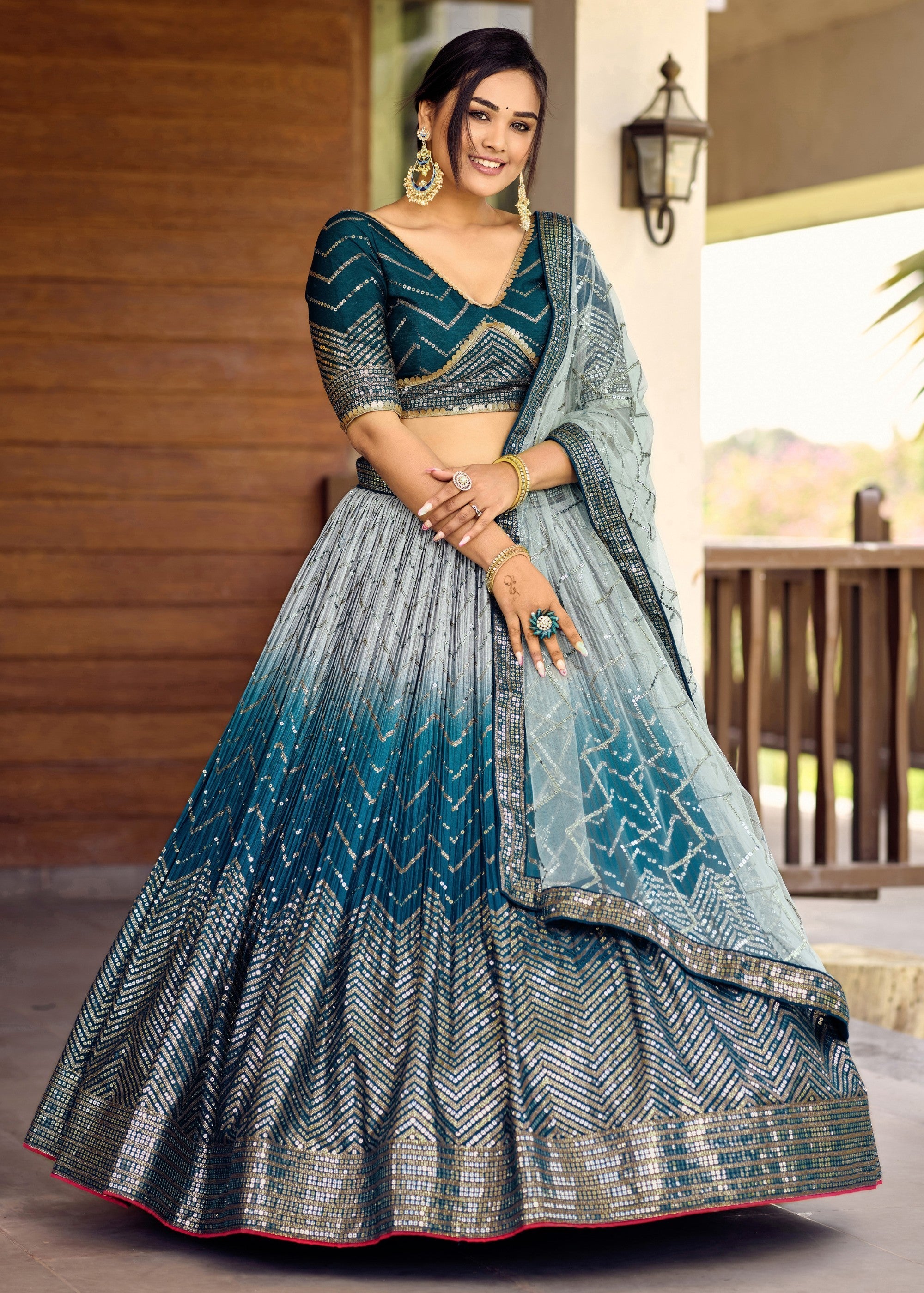 Turquoise Blue Chinon Silk Lehenga With Sequence and Thread Embroidery Work | Ready To Wear - qivii