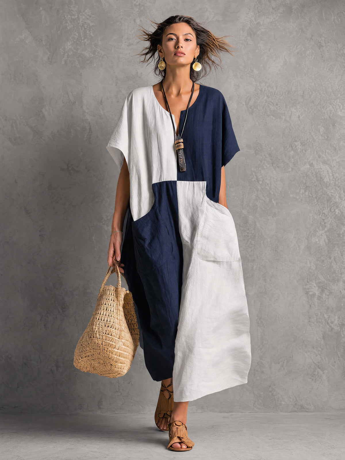 Retro White And Blue Color Blocked Cotton And Linen Short Sleeved Midi Dress - By Qivii