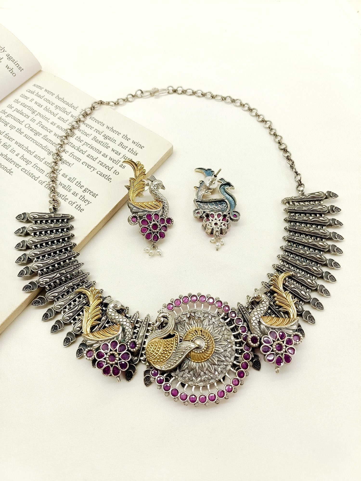 Elea Ruby Peacock Oxidized Necklace Set - qivii