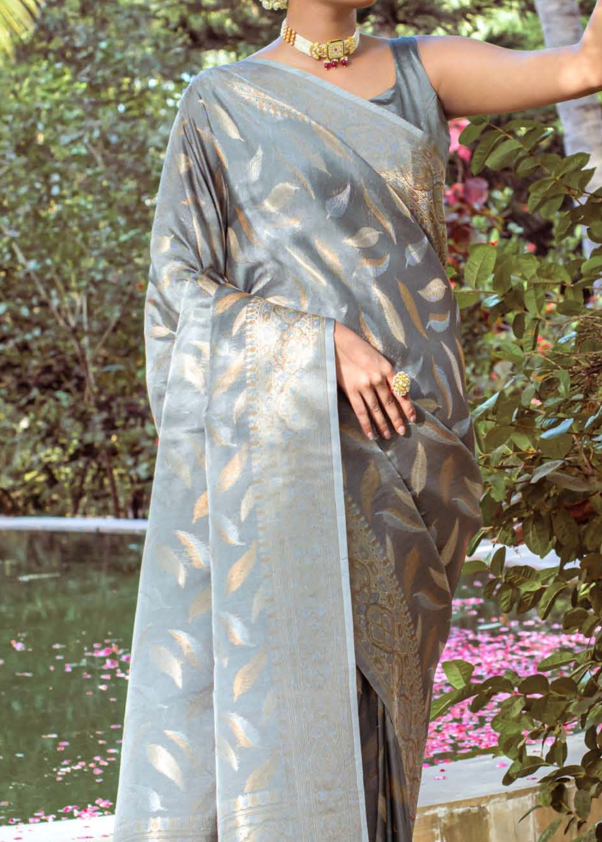 Flint Grey Zari Woven Silk Saree - qivii