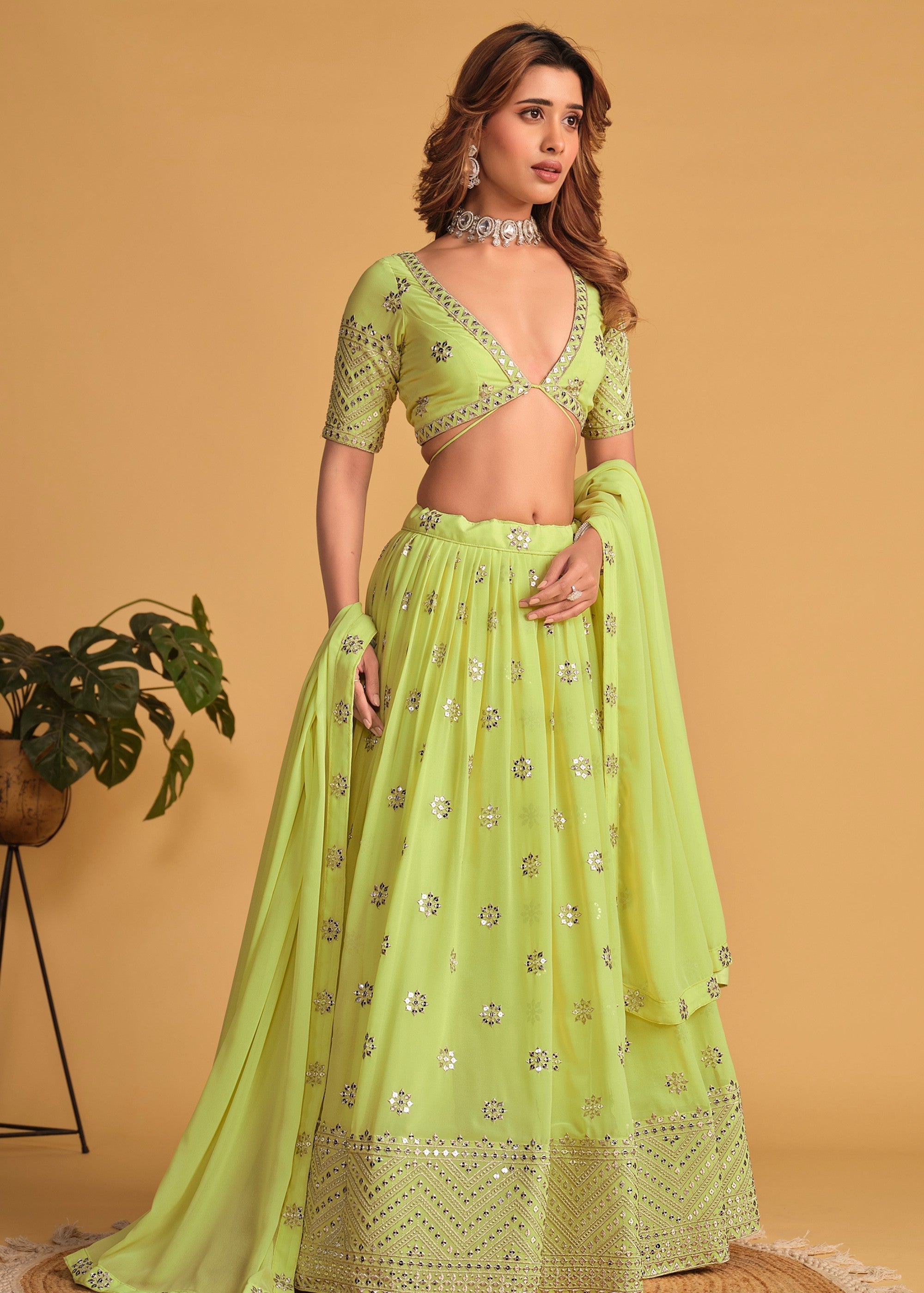 Neon Green Georgette Lehenga Choli With Sequins Zari Embroidered Work | Ready To Wear - qivii