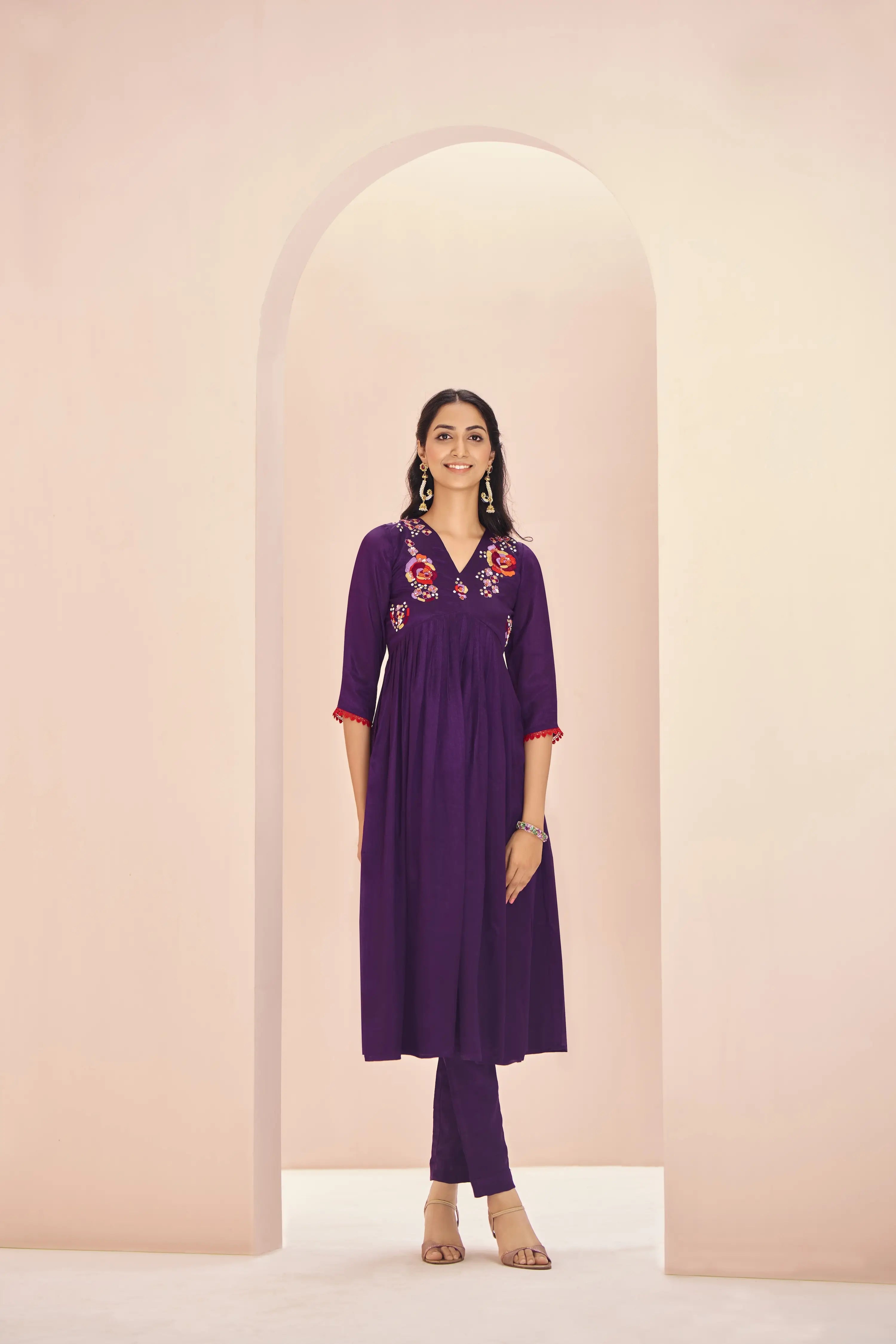 Wine Organza Salwar Suit With Handwork - qivii