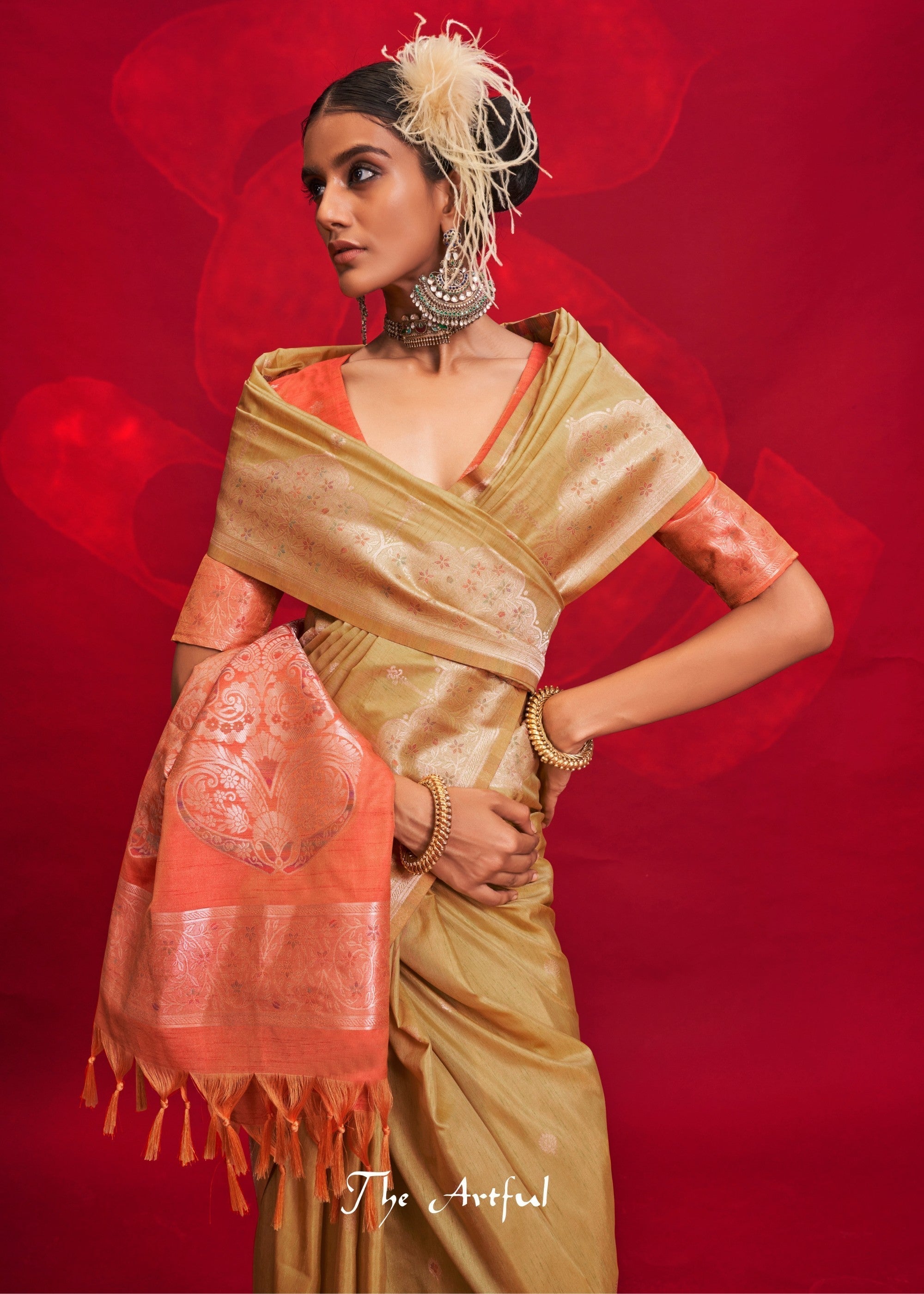 Mustard Tussar Silk Handloom Weaving Saree with Contrast Ikkat Pallu - qivii