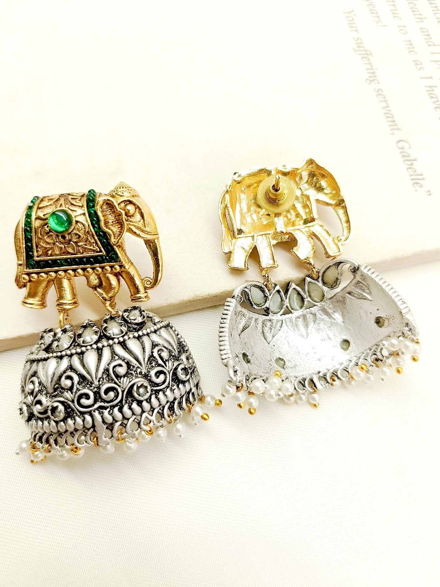 Baani Green Elephant Oxidized Earrings - qivii