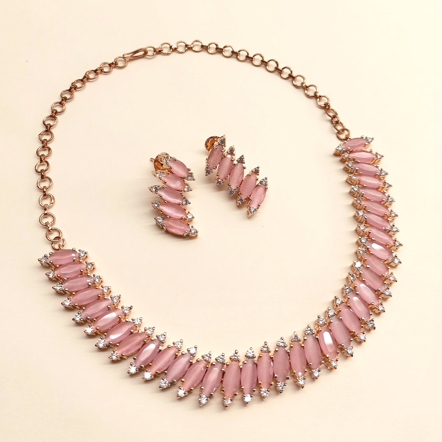 Samaira Pink American Diamond Rose Gold Plated Necklace Set - qivii