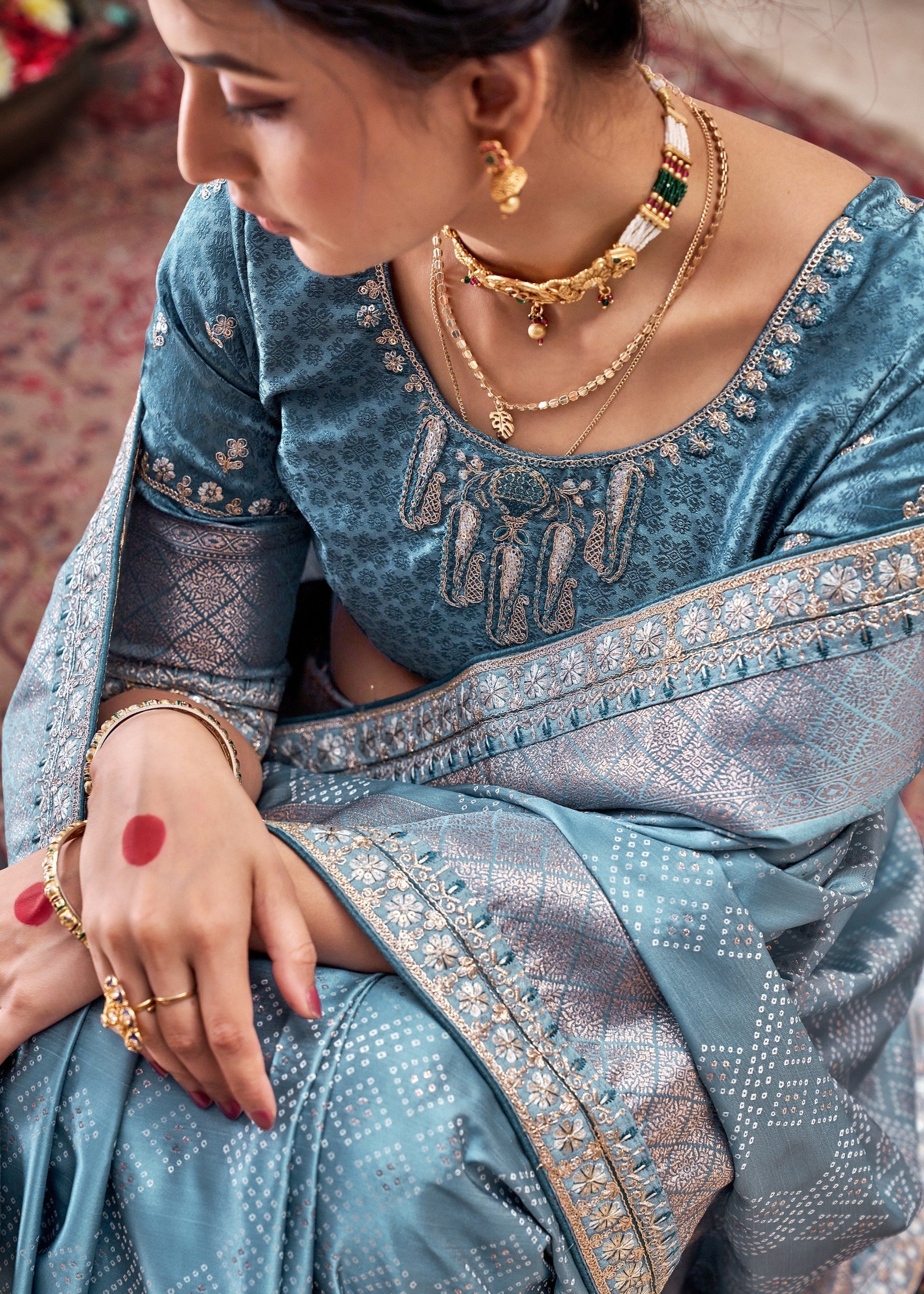 French Blue Satin Silk Saree With Heavy Embroidery Lace & Blouse - qivii