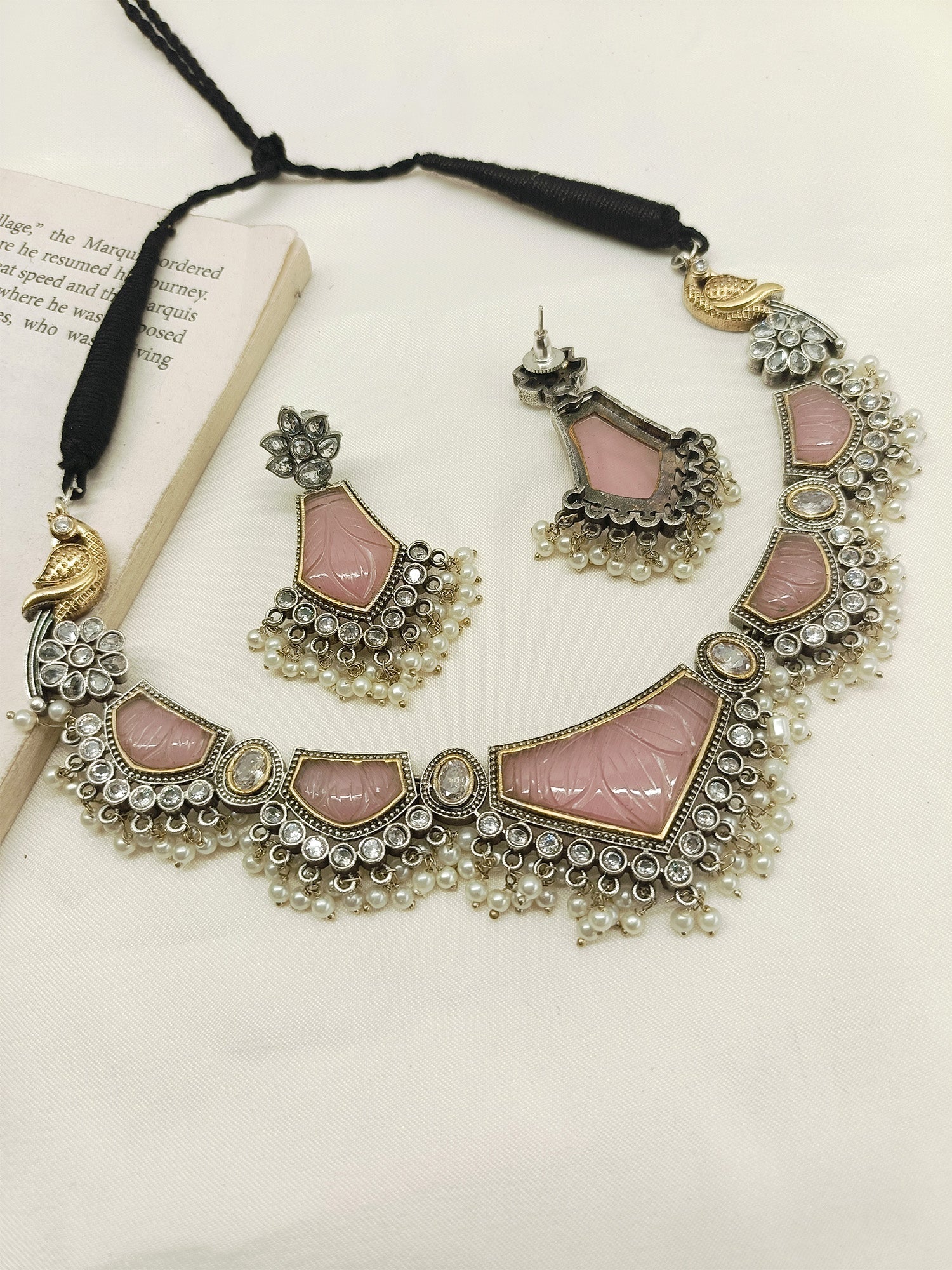 Amelia Baby Pink Oxidized Necklace Set - qivii