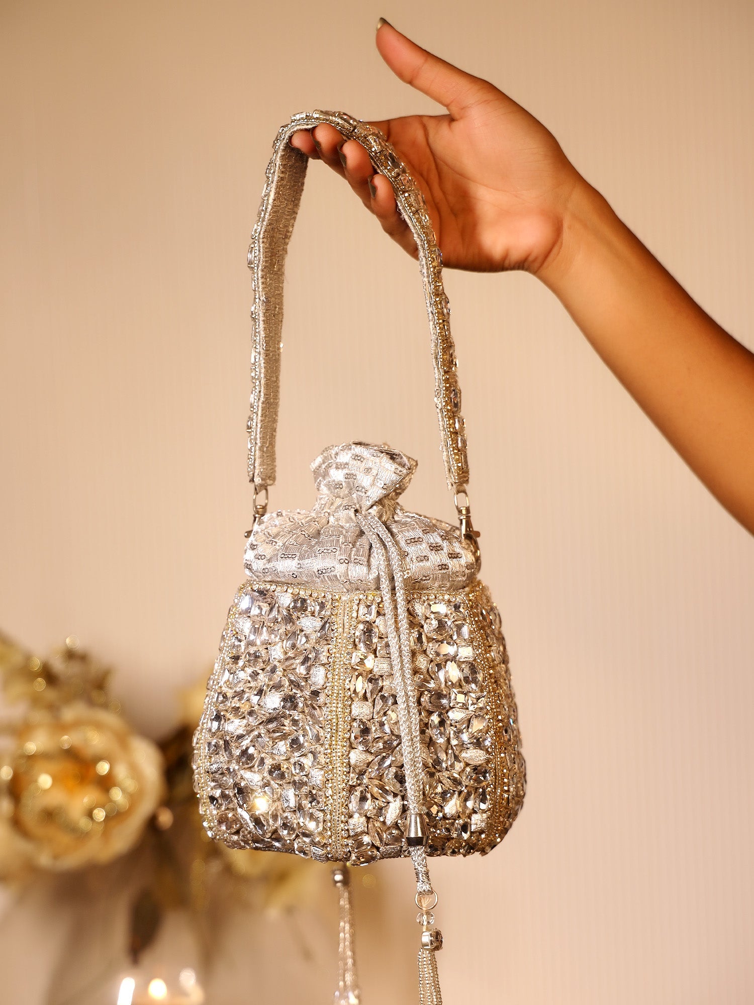 Elea Silver Diamond Work Potli Bag - qivii