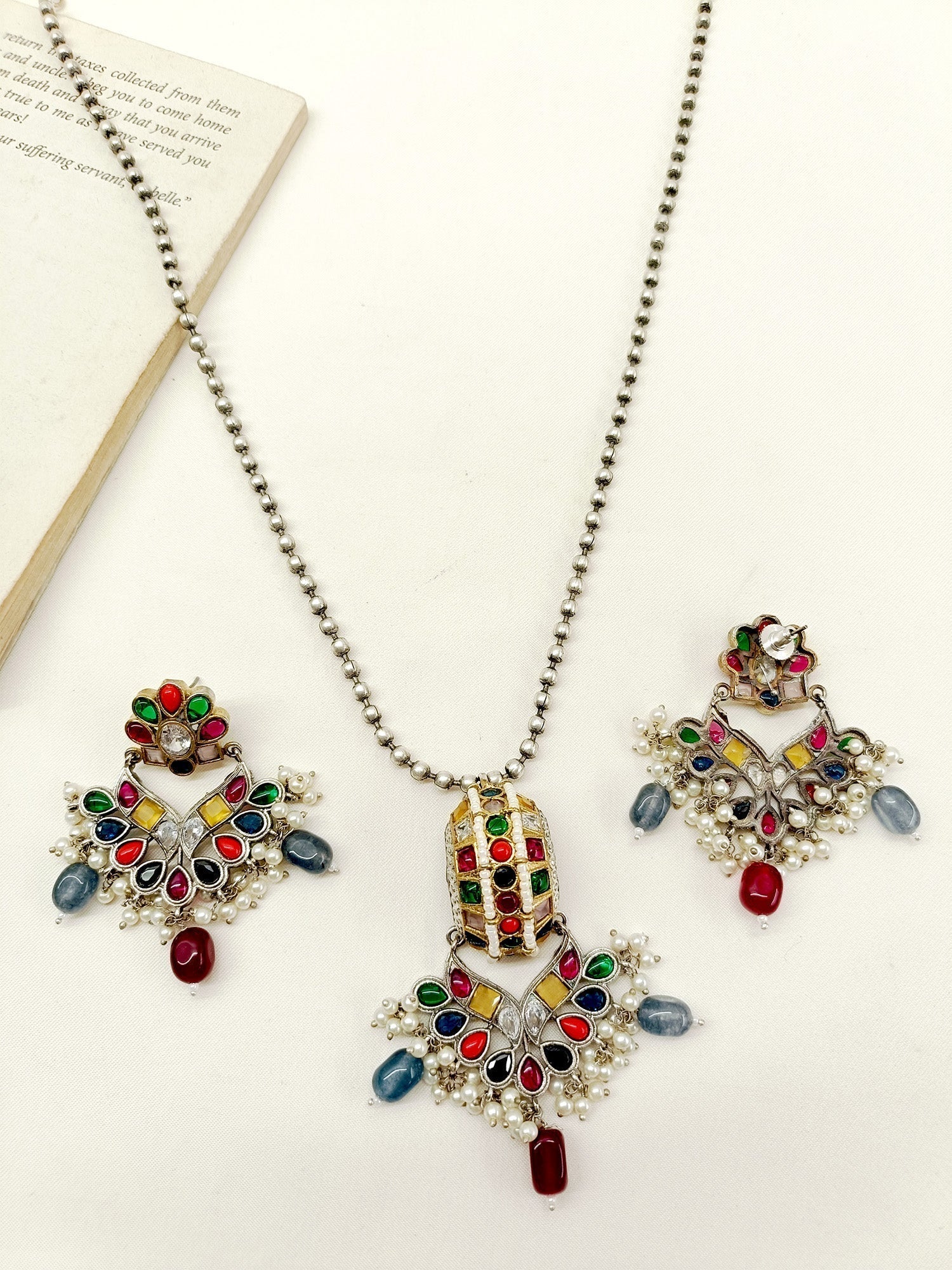 Beata Multi Colour German Silver Oxidized Pendant Set - qivii