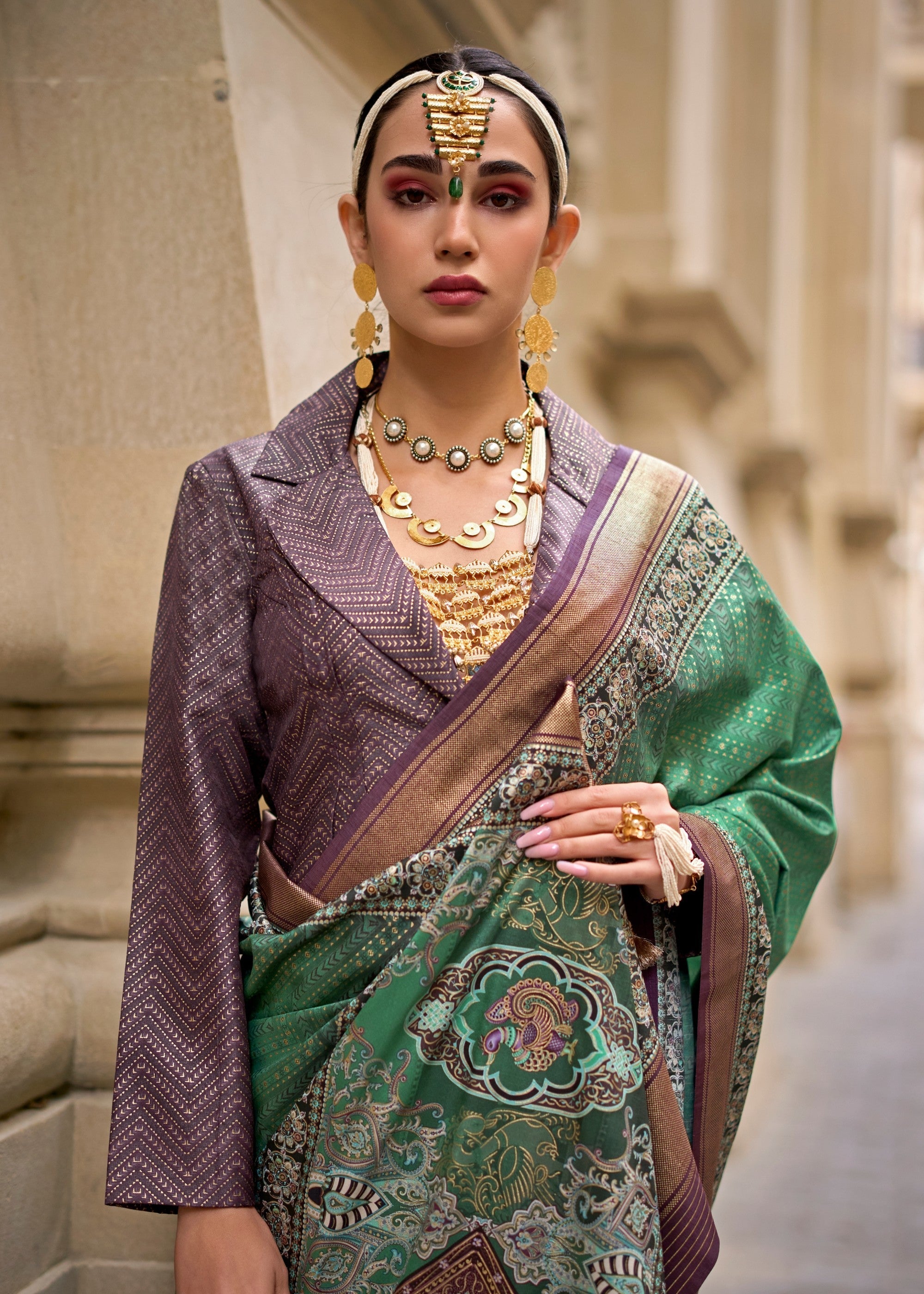 Jade Green Poly Viscose Silk Saree With Foil Print - qivii