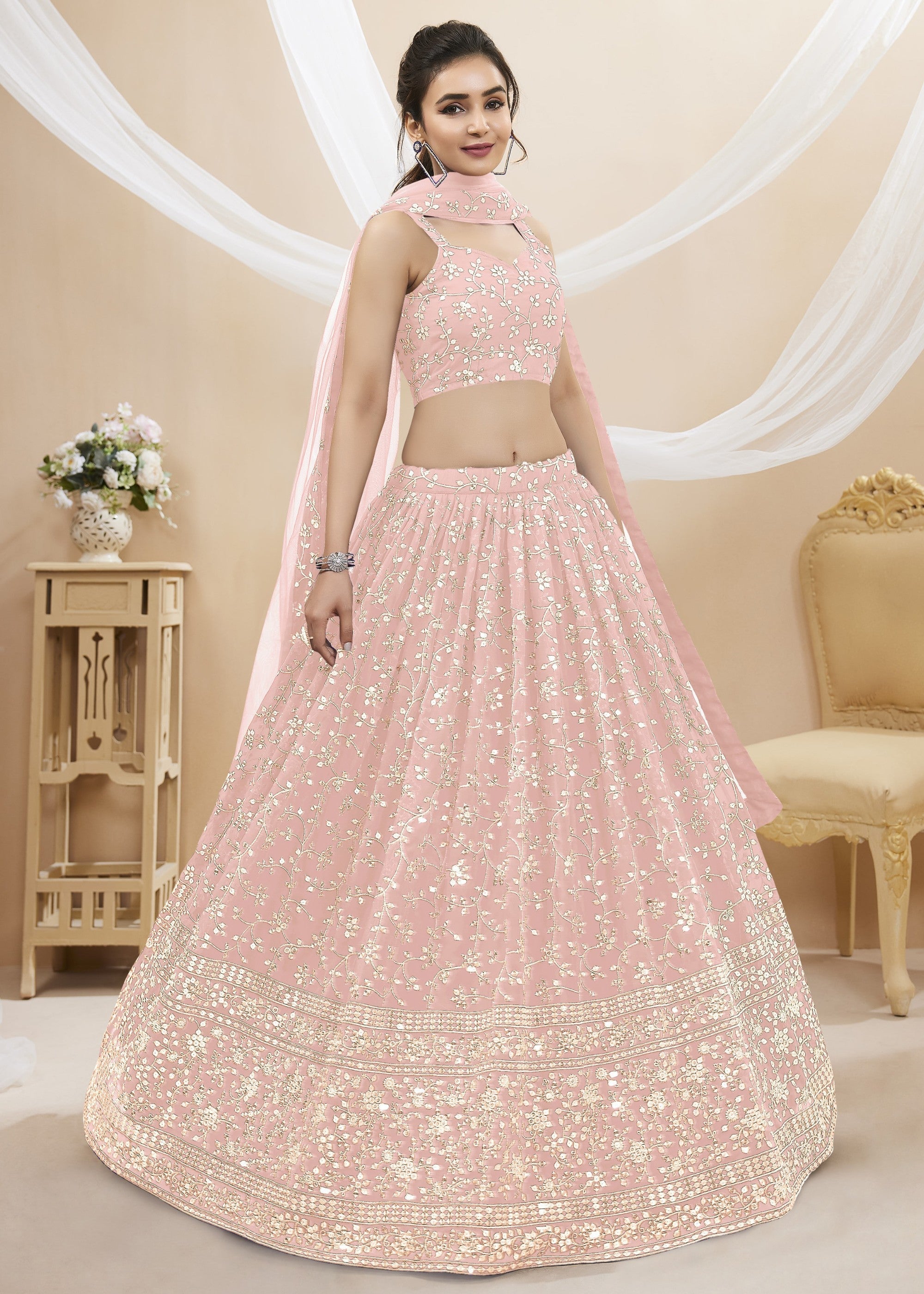 Blush Pink Georgette Lehenga Choli With Sequins Zari Embroidered Work | Ready To Wear - qivii