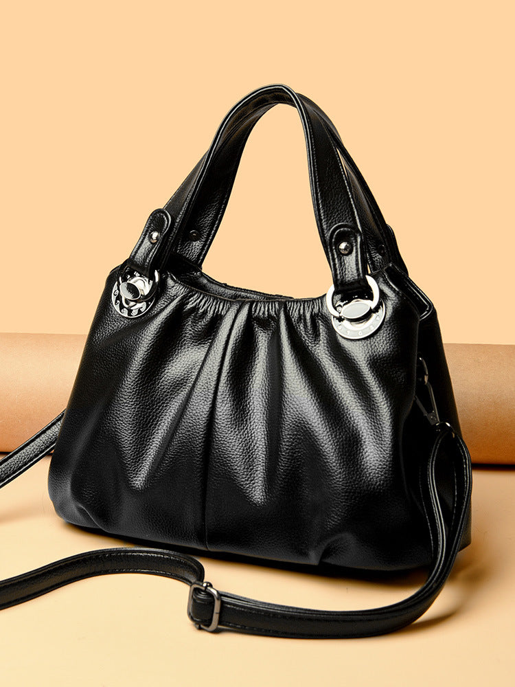Women's Genuine Leather Crinkled Tote Bag – Minimalist 3-in-1 Purse (Handheld/Shoulder/Crossbody) for Work to Weekend