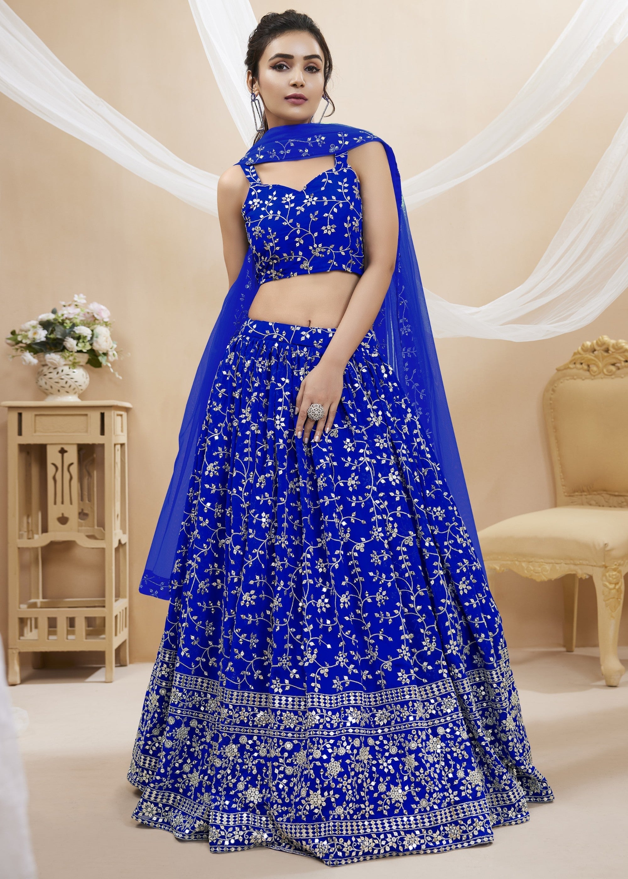 Cobalt Blue Georgette Lehenga Choli With Sequins Zari Embroidered Work | Ready To Wear - qivii