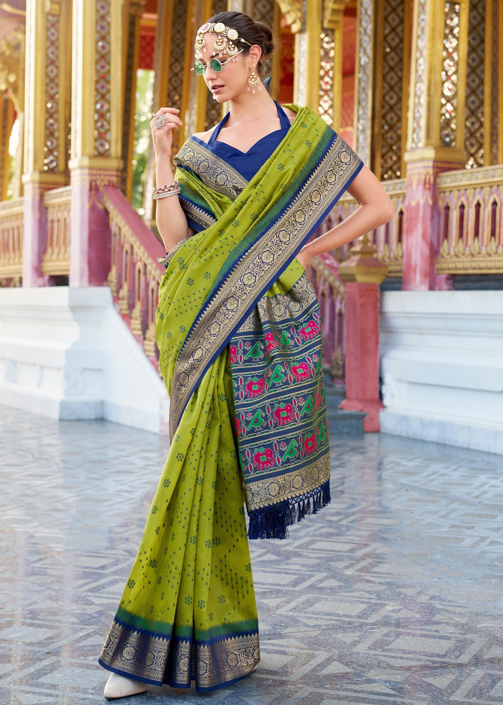 Pear Green Tusser Handloom Silk Saree With Zari Weaving Border & Patola Weaved Pallu - qivii