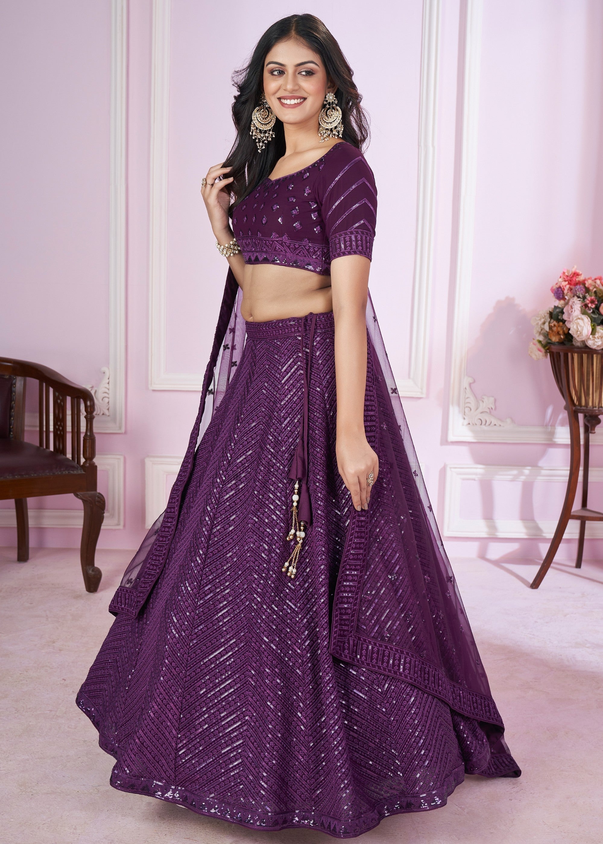 Dark Purple Georgette Lehenga Choli With Sequins And Thread Embroidery Work | Ready To Wear - qivii