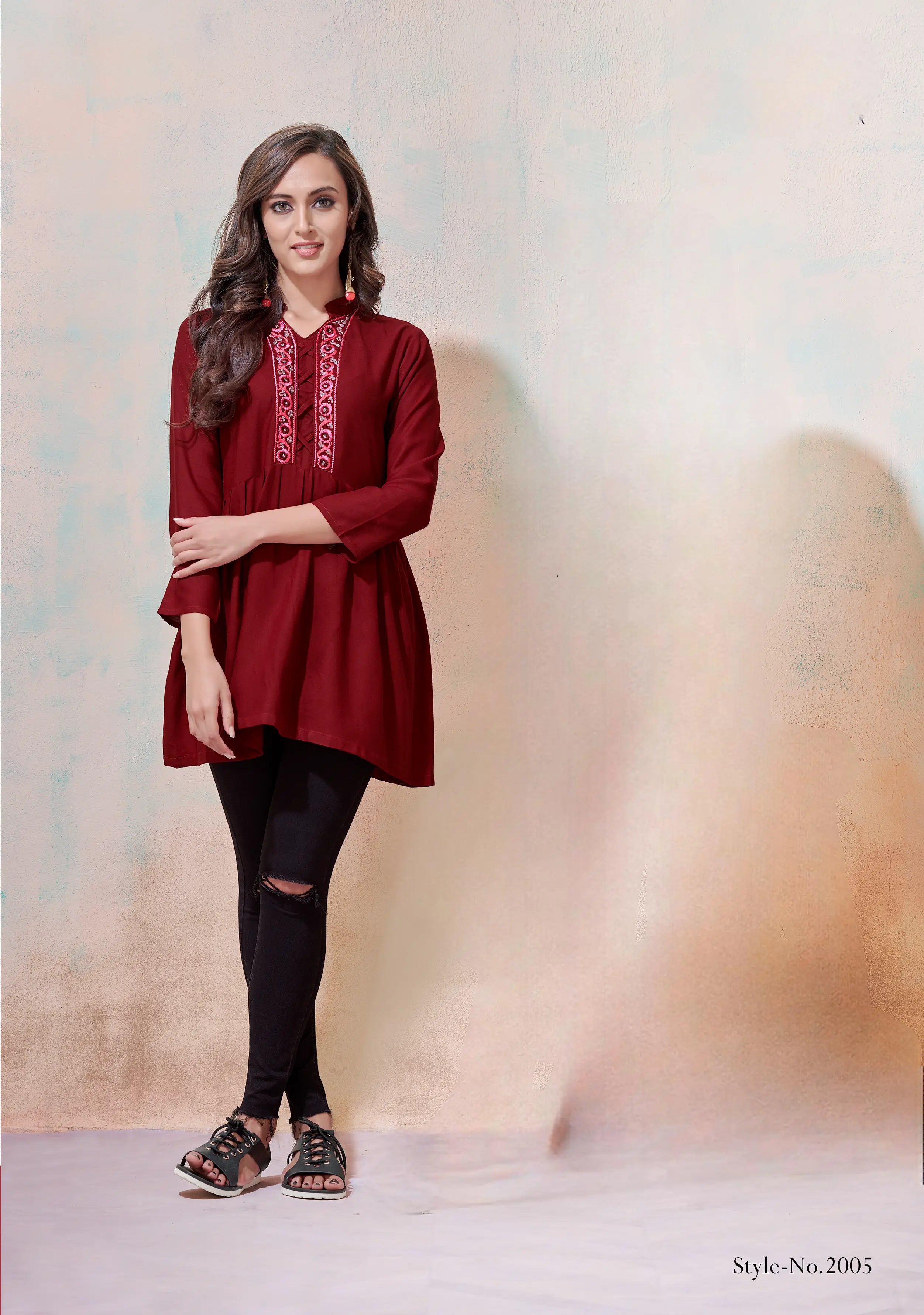 Cherry Red Rayon Short Kurti With Embroidery Work - qivii