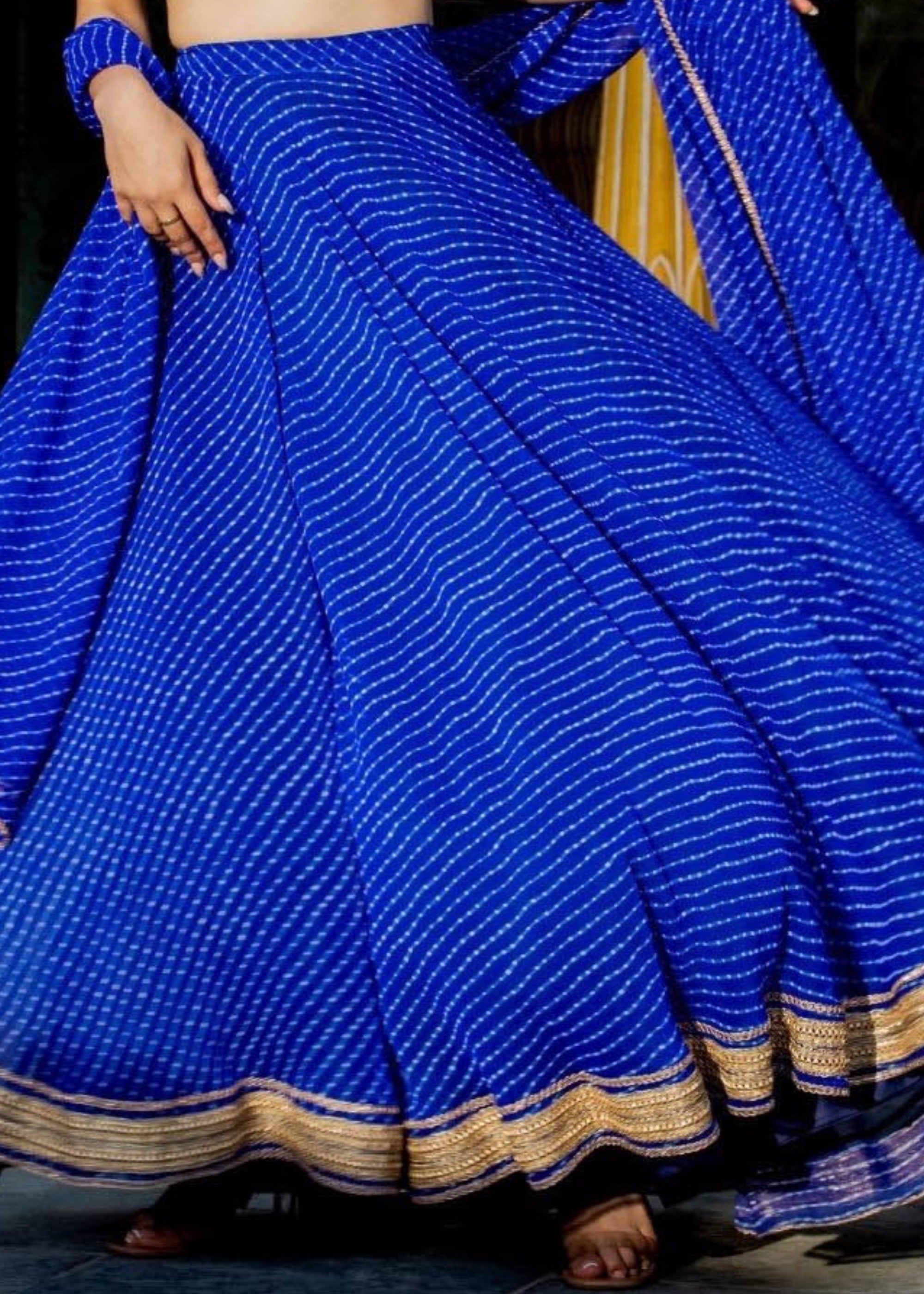 Azure Blue Georgette Leheriya Print Lehenga With Zari And Lace Work | Ready To Wear - qivii