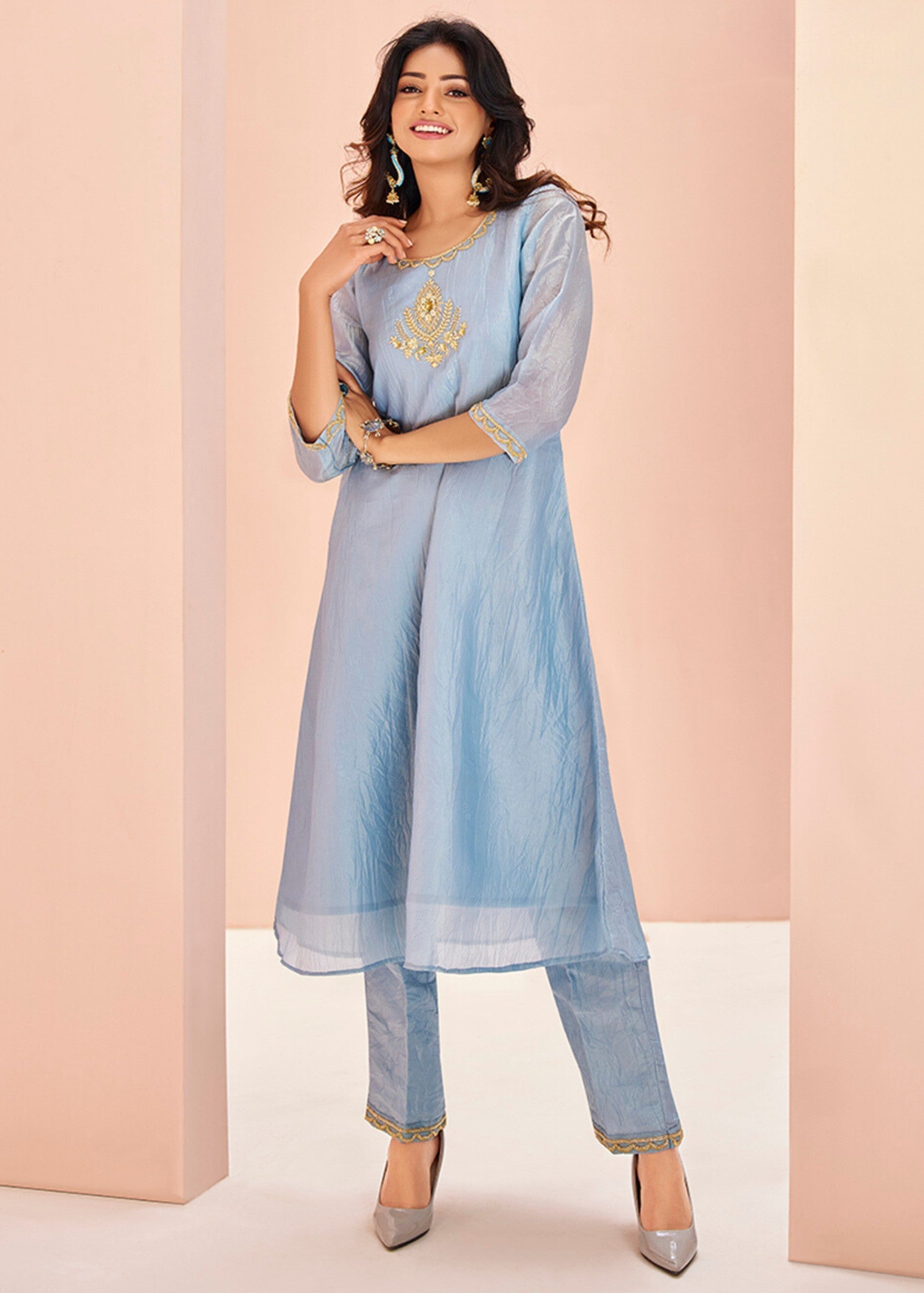 Pastel Blue Organza Handwork Kurta with Pant - qivii