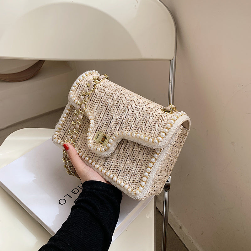 Women's Artisan-Woven Mini Square Bag - Convertible Chain Strap Shoulder Bag |Tweed-Textured Luxury for Day to Evening
