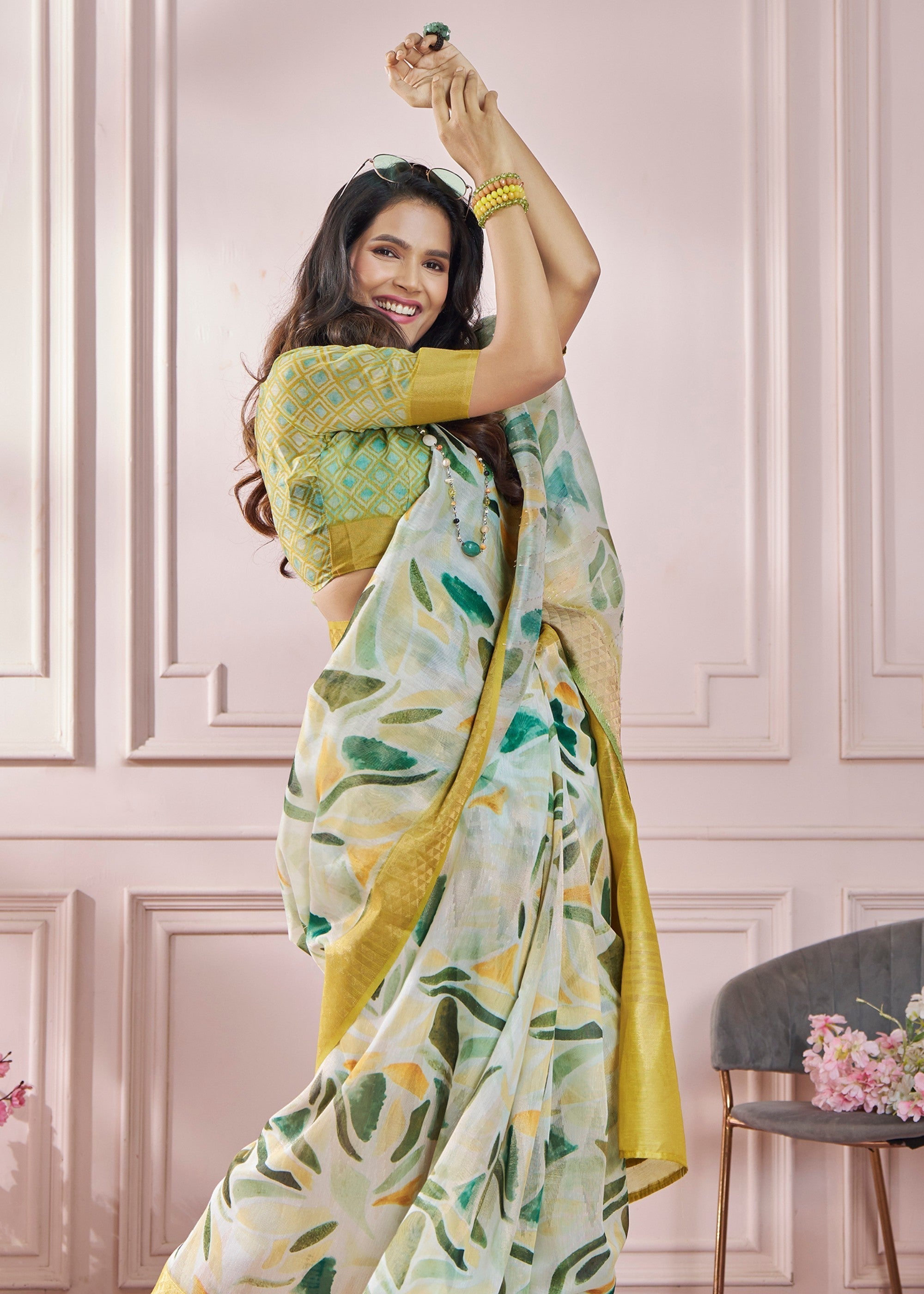 Banana Yellow Soft Zari Based Modal Silk Saree With Beautiful Colorfull Print - qivii