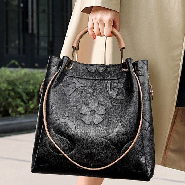 Women's Grain & Grace Bucket Bag - Vintage Embossed Carryall with Detachable Pouch for Women | Textured Leather Mother-Daughter Tote
