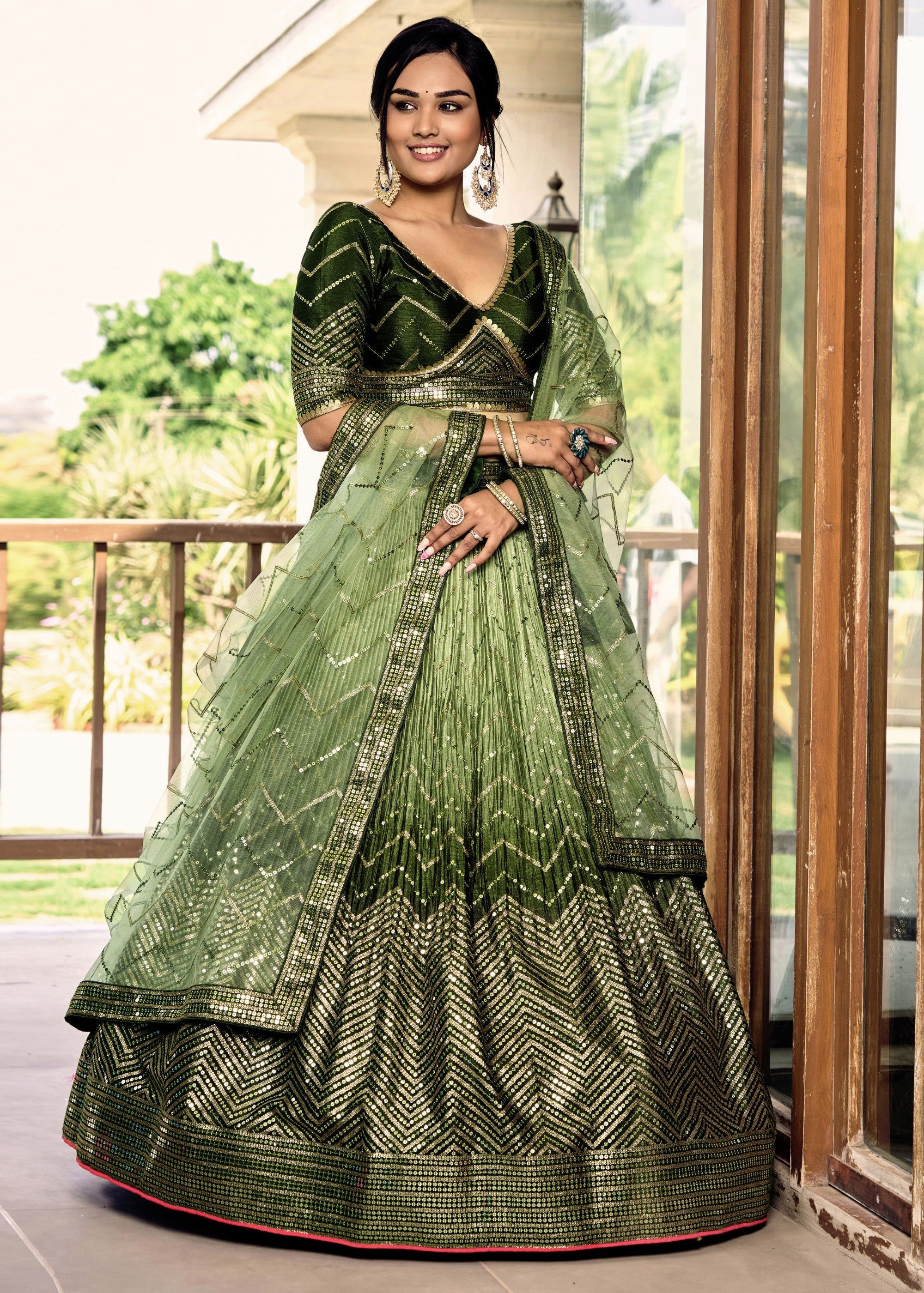 Mehendi Green Chinon Silk Lehenga With Sequence and Thread Embroidery Work | Ready To Wear - qivii