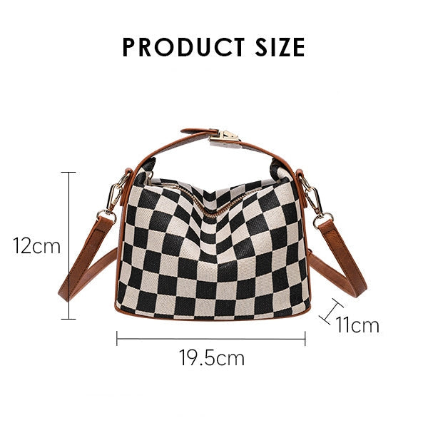 Ounamei Checkered Canvas Handbag with Leather Trim | Top Handle Shoulder & Crossbody Mini Box Bag