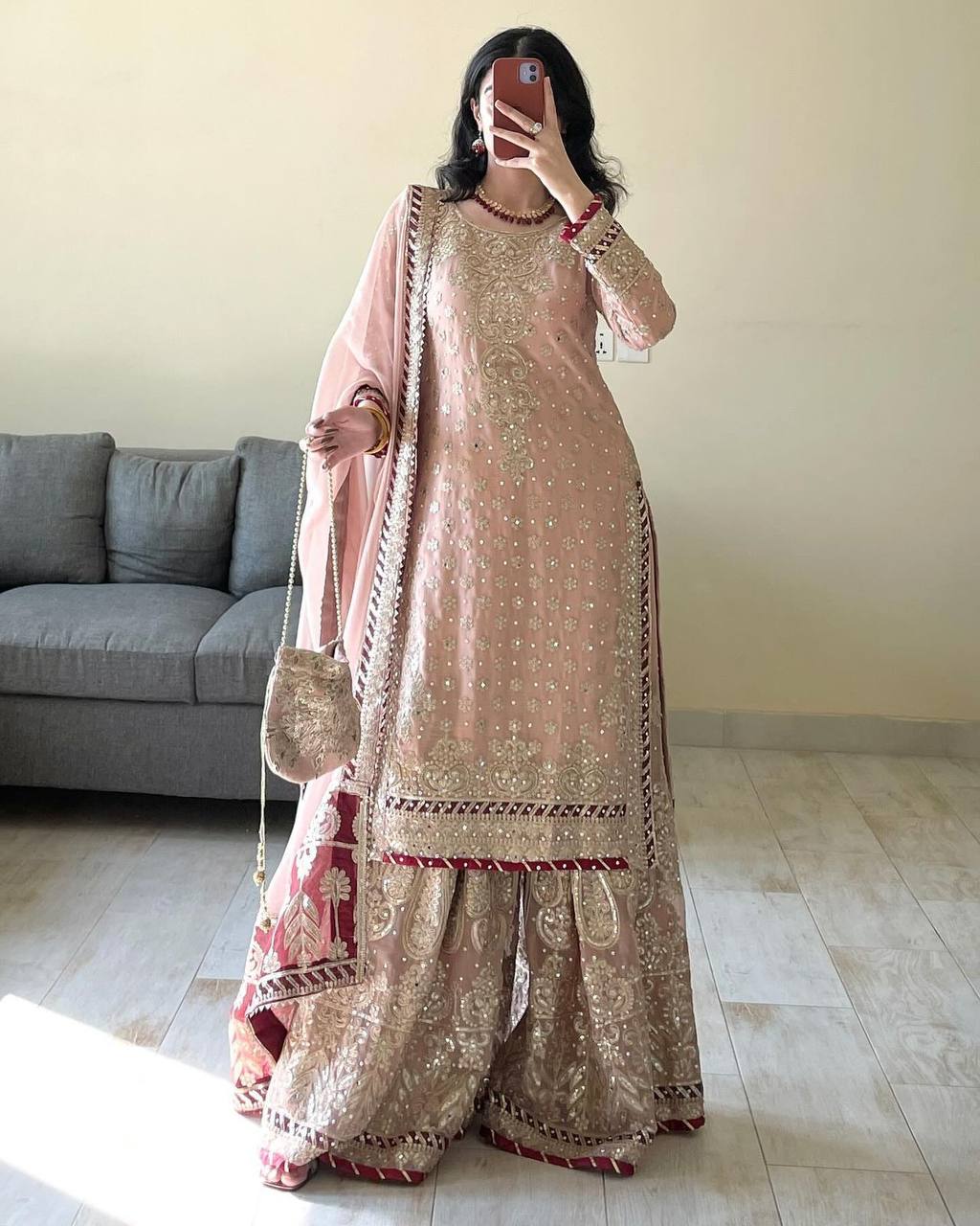 Pink Foux Gorgette Micro Thread with Sequnce with Rivet moti with fancy lace broder Sharara Suit - INSPIRED | Ready To Wear - qivii