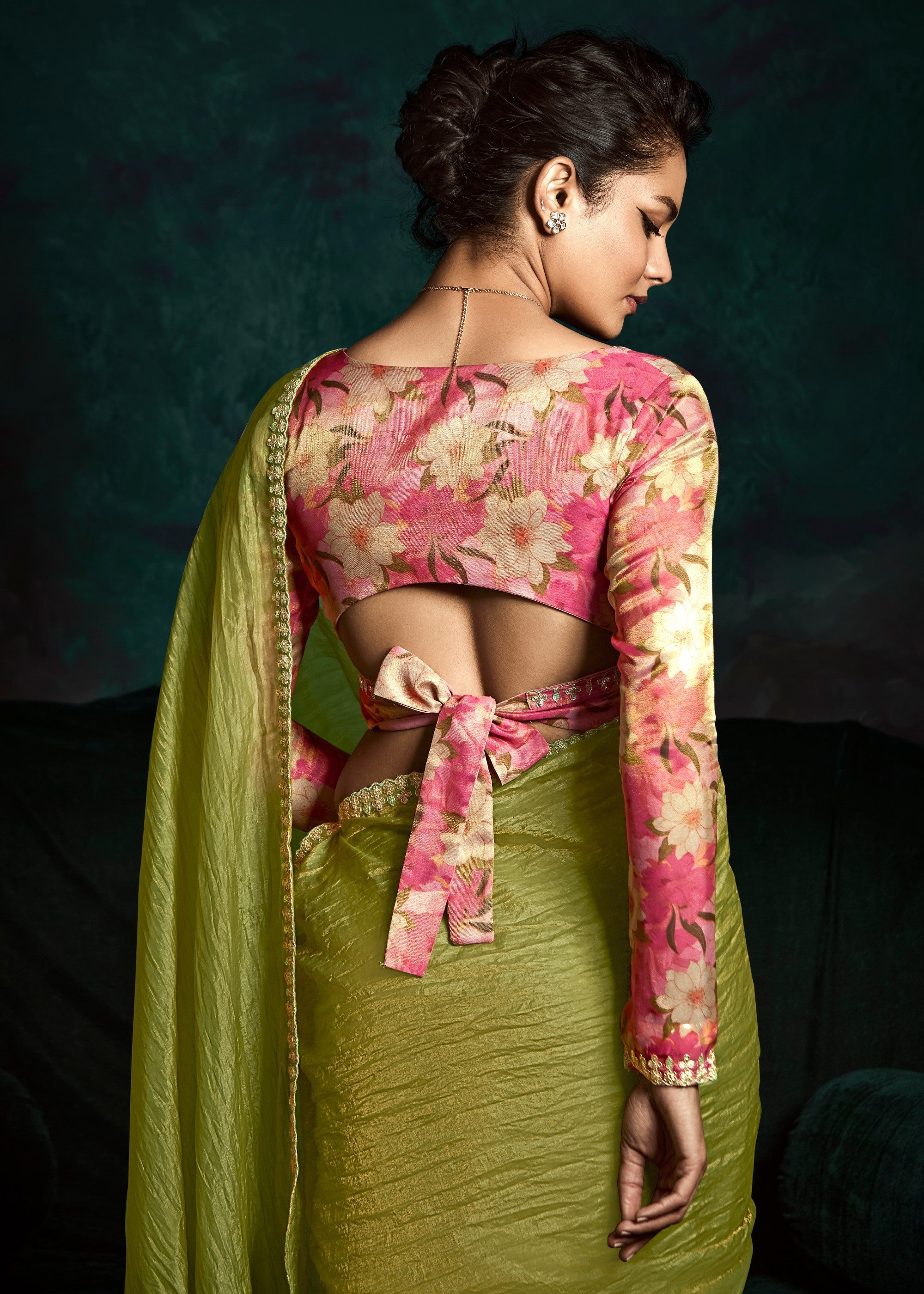 Kelly Green Fancy Fabric Silk Saree With Sequins And Thread Embroidered Butti Work - qivii