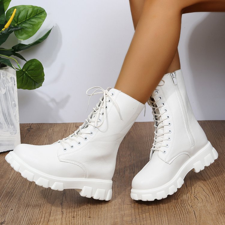 Chunky Platform Combat Boots - Lace-Up Mid Calf Boots with Side Zipper & Elastic Gore (US 4-10.5)