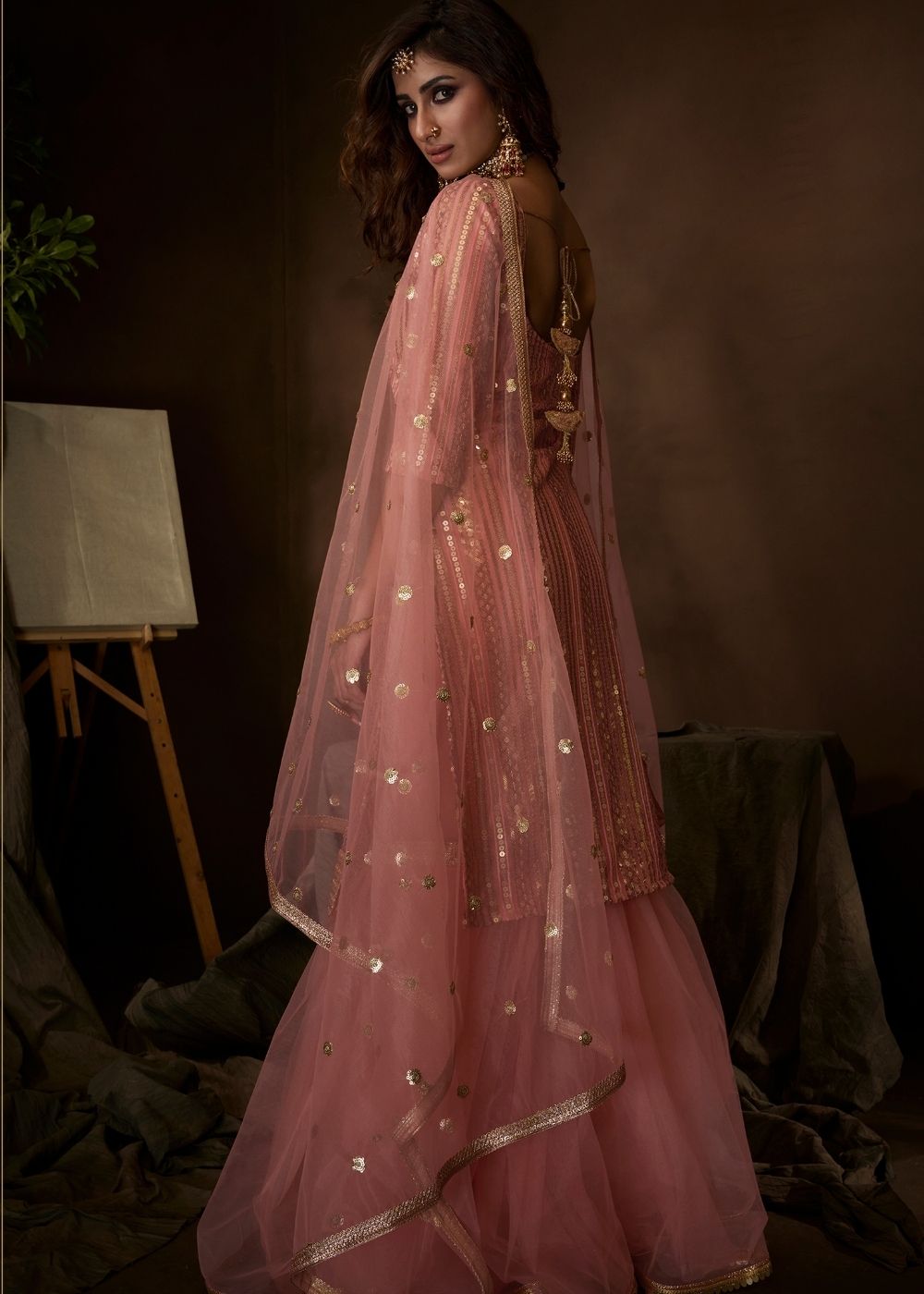 Rouge Pink Designer Soft Net Sharara Suit with Sequin, Thread and Dori work - qivii