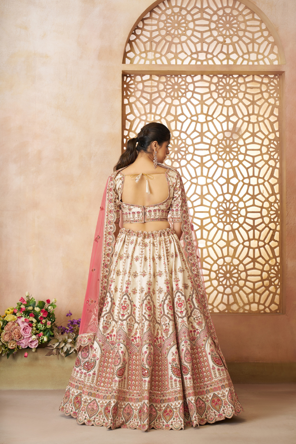 Whimsical White Imperial Patterned Bridal Lehenga - qivii