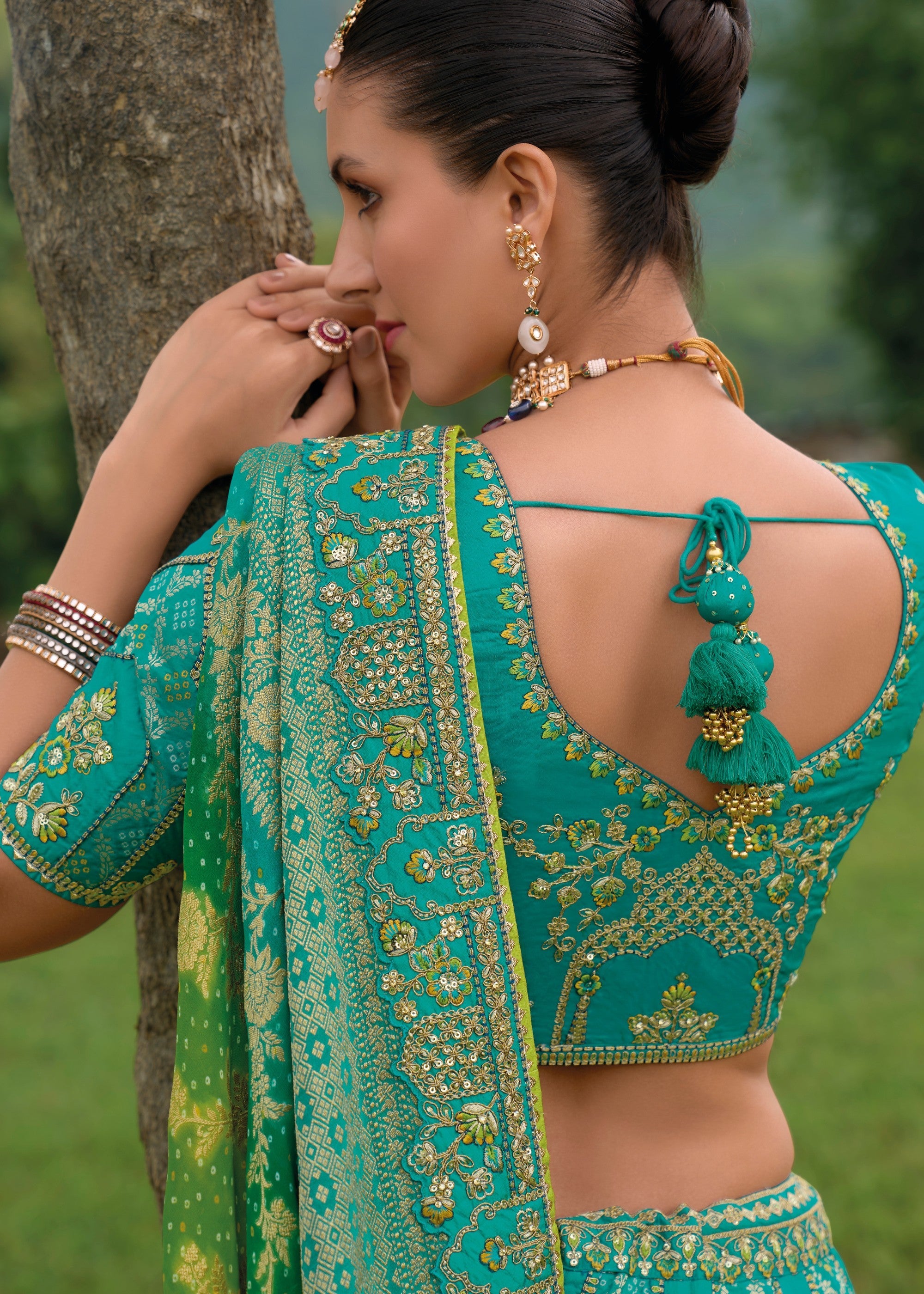 Teal Blue Banarasi Silk Lehenga With Heavy Embroidery Work | Ready To Wear - qivii