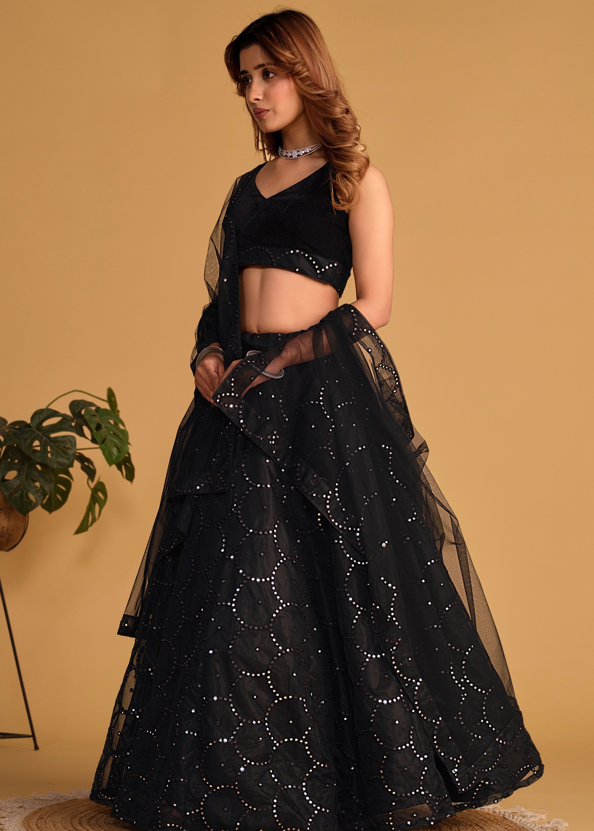 Sable Black Georgette Lehenga Choli With Sequins Zari Embroidered Work | Ready To Wear - qivii