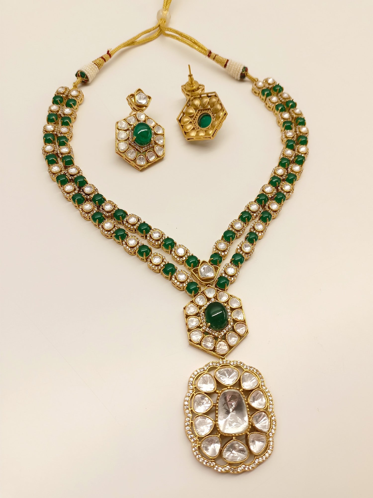 Ahti Emerald Long Kundan Polki Set - qivii