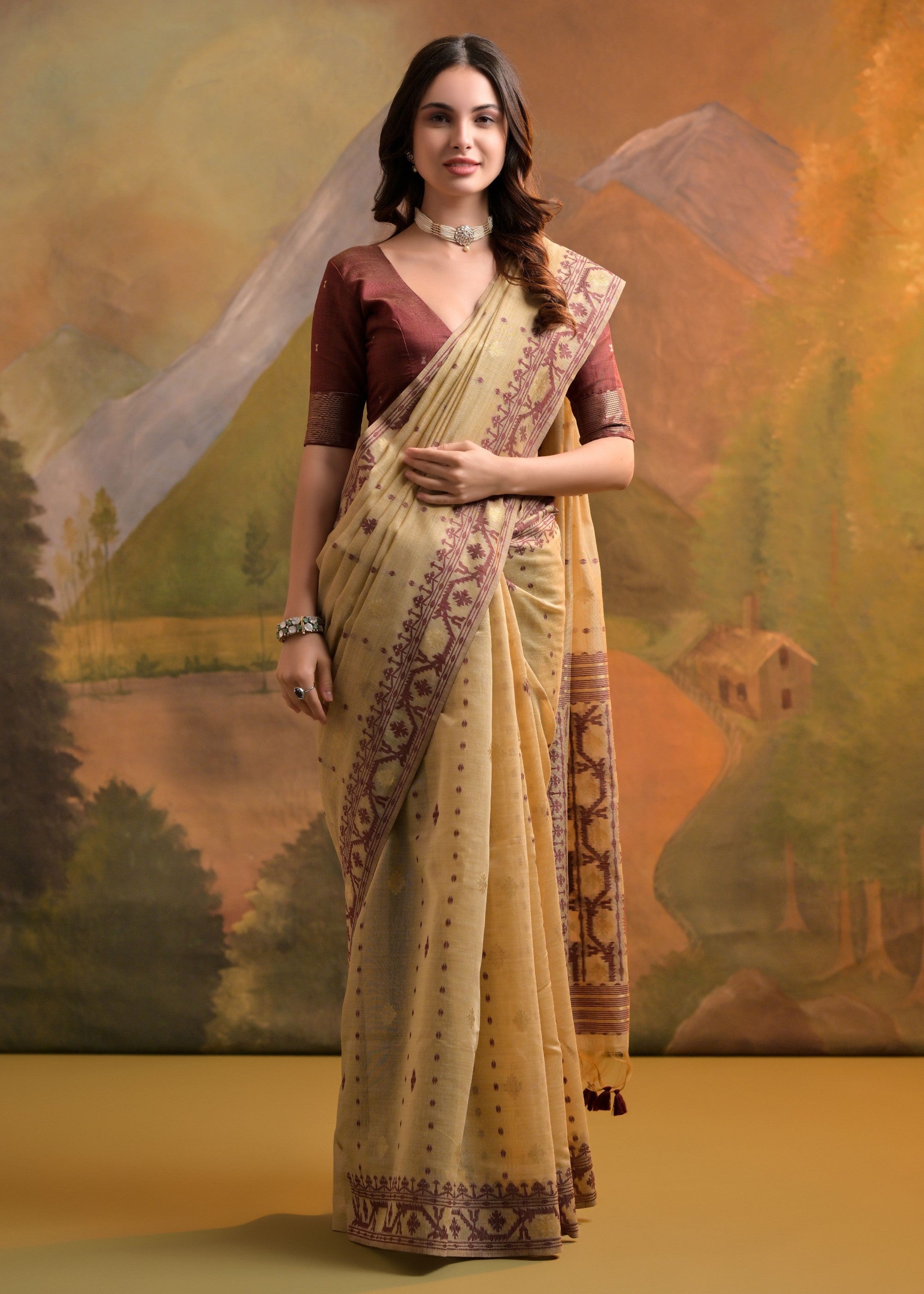Tan Brown Thread Woven Cotton Saree With All Over Butti - qivii