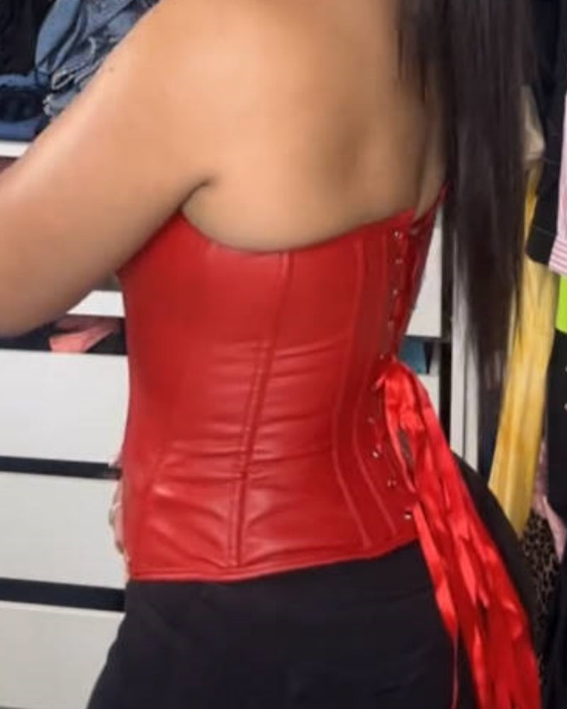 Womens Faux Leather Zipper Front Bustier Corset Top - By Qivii