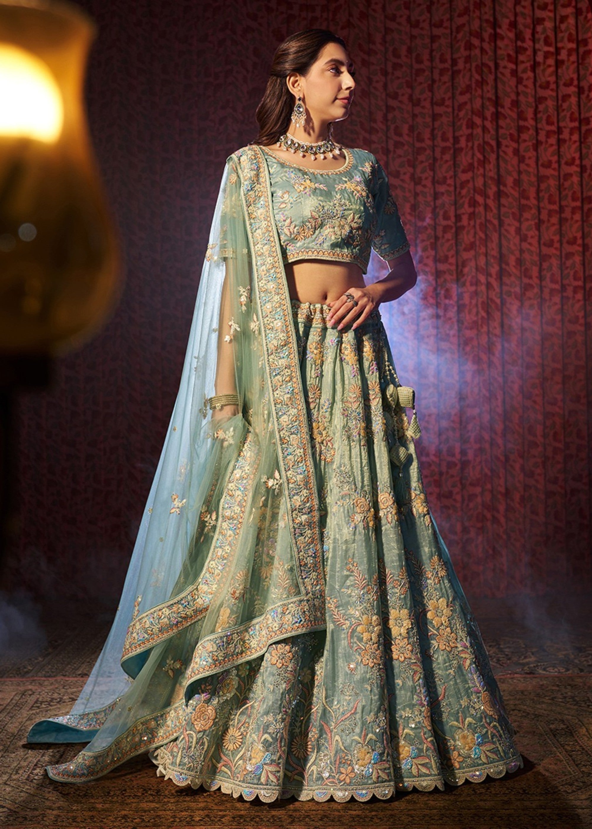 Torquise Dori Sequins Thread work Organza Lehenga | Ready To Wear - qivii