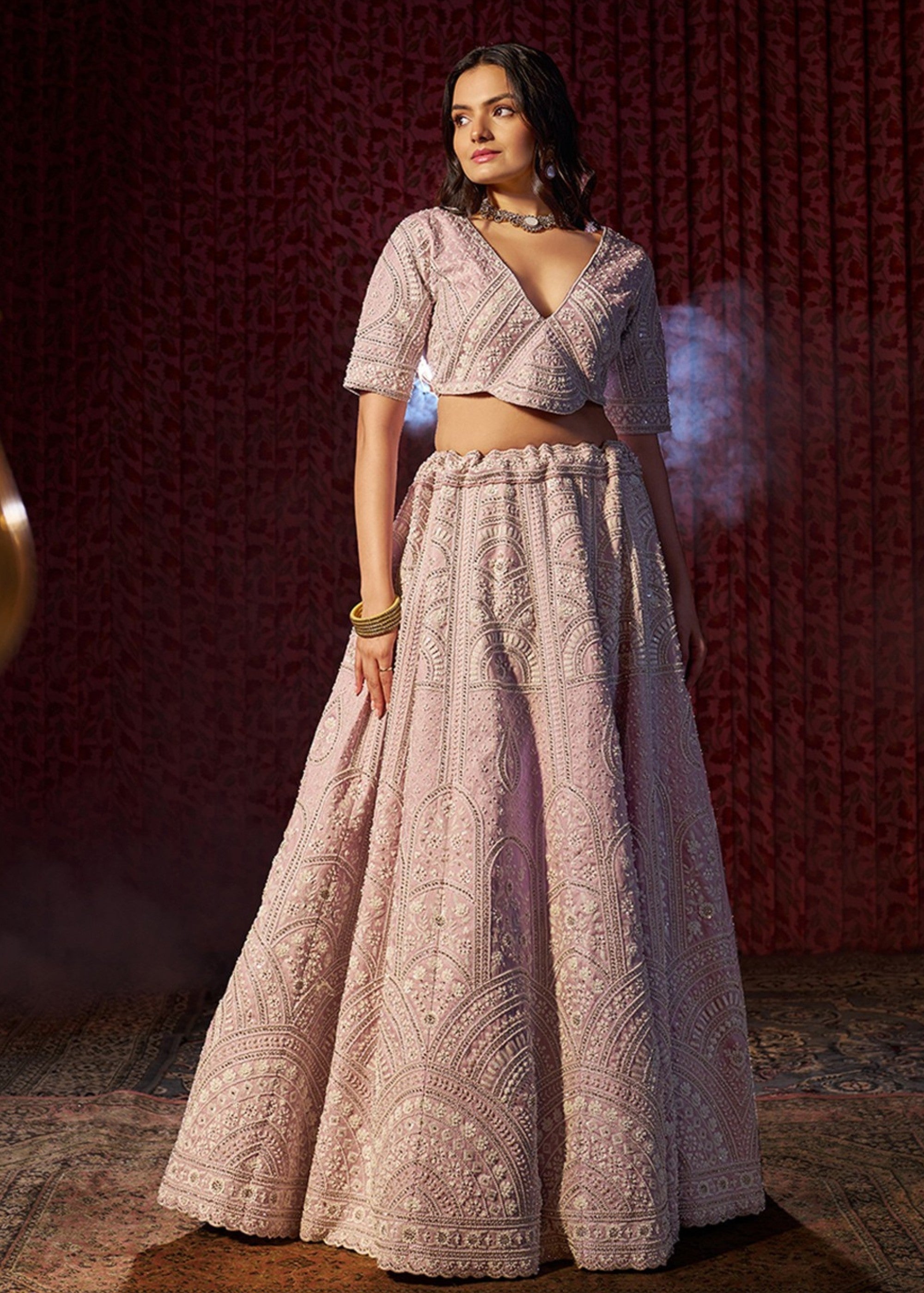 Lilac Thread Work Silk Lehenga | Ready To Wear - qivii