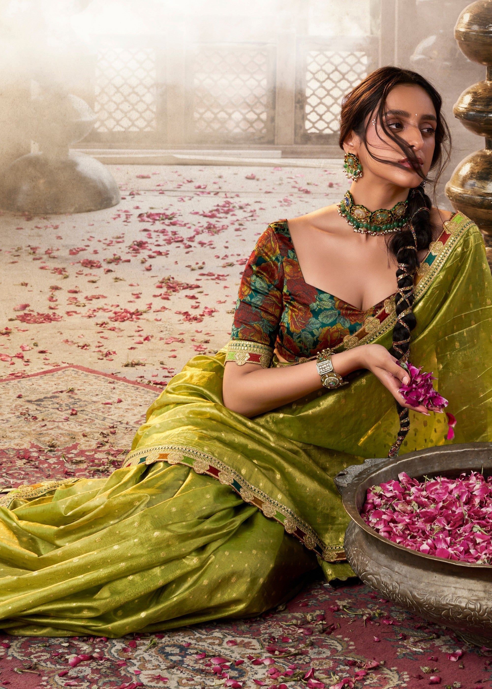 Apple Green Tissue Silk Saree With Multicolored Lace & Designer Blouse - qivii
