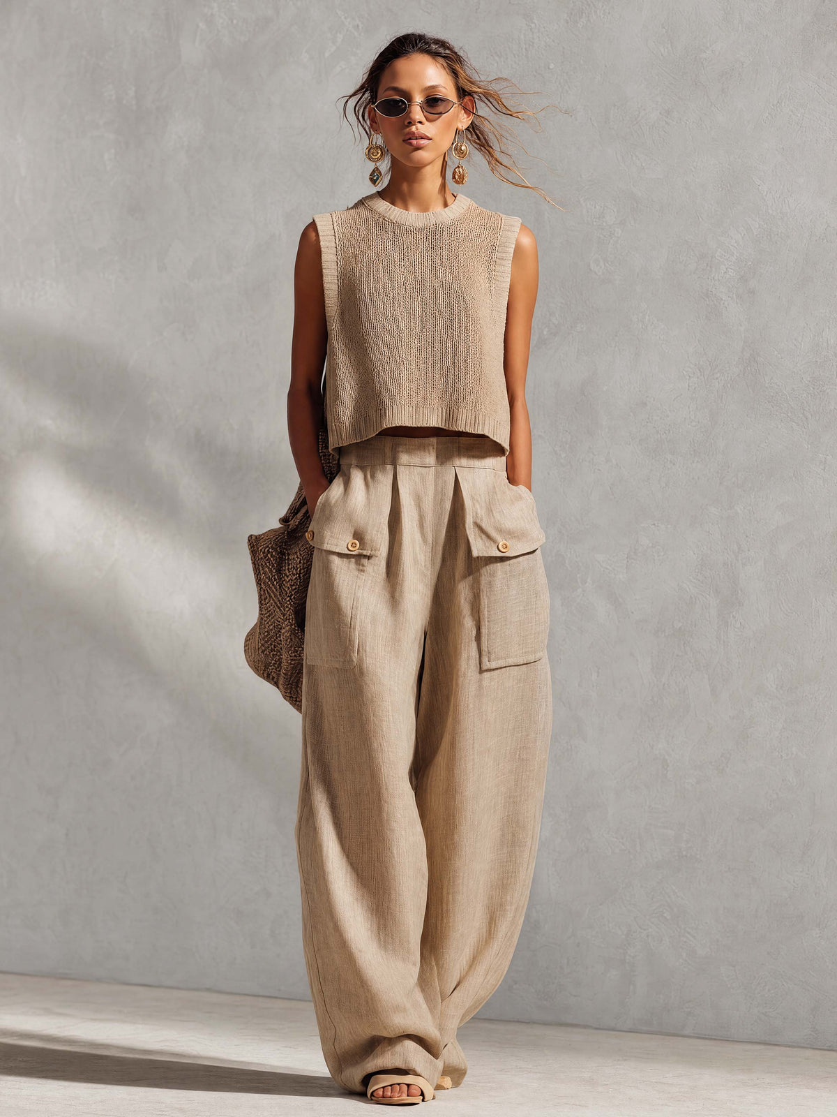 Casual Breathable Urban Style Beige Knitted Top And Cotton Pants Set - By Qivii