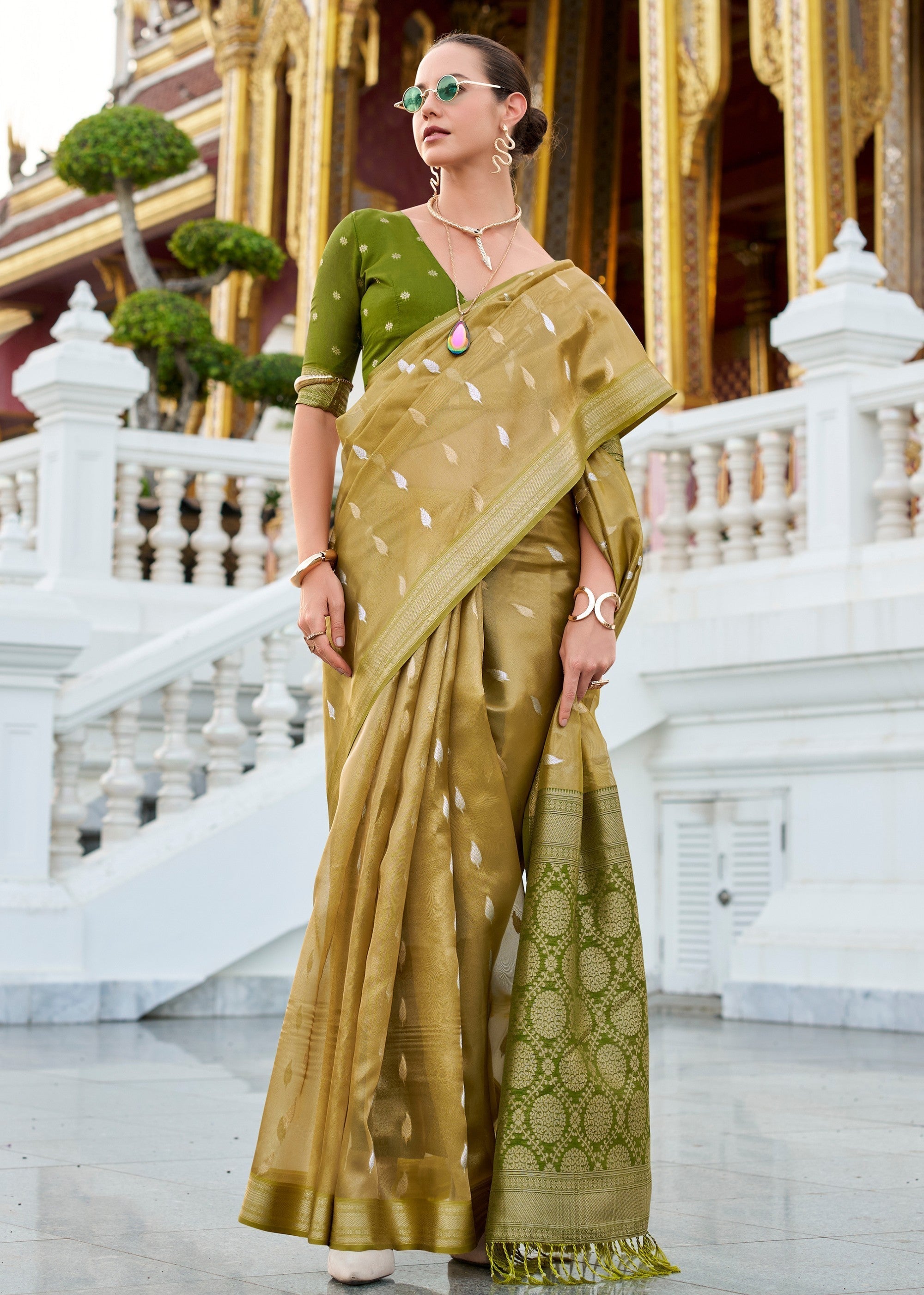 Mehendi Green Tissue Silk Saree With Zari Weaving And Contrast Blouse - qivii
