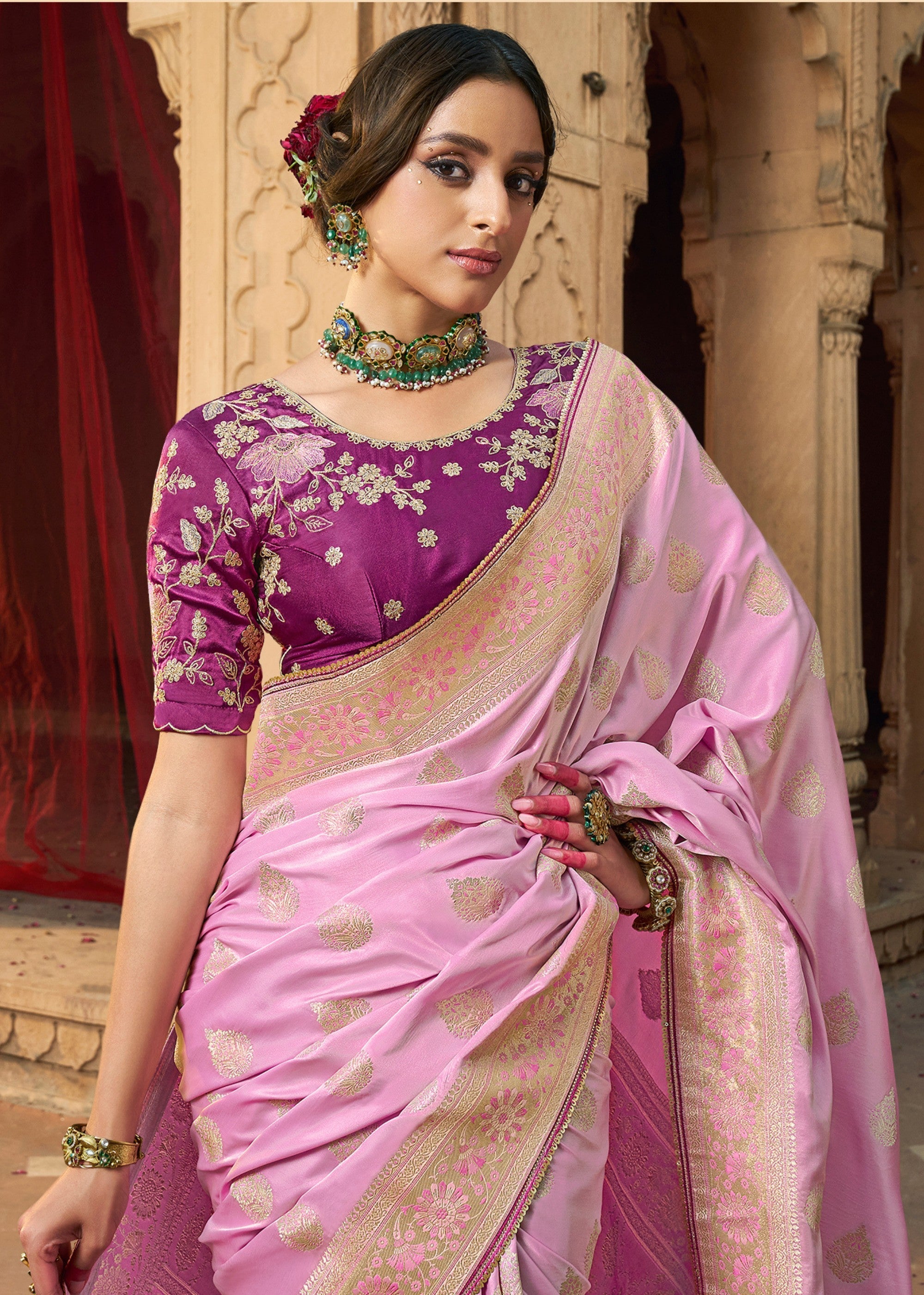 Neon Pink Satin Silk Saree With Beautiful Lace Border And Heavy Designer Embroidered Blouse - qivii