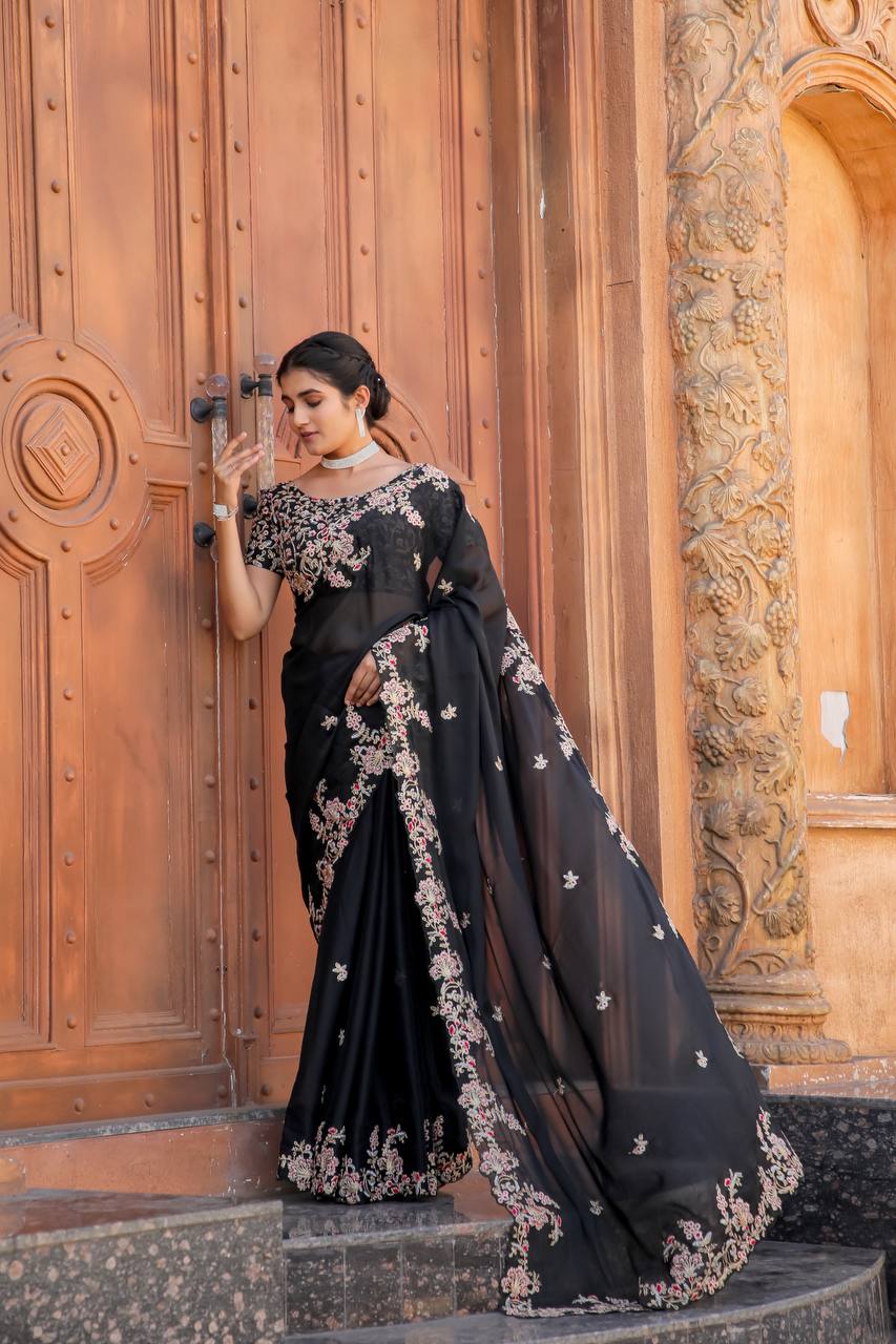 Black Heavy Kasturi silk saree with thread , zari & dori work - INSPIRED - qivii